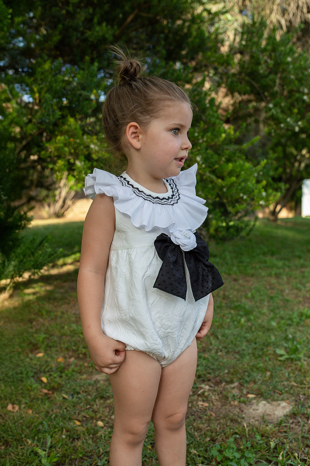 NAXOS Camelia Girls Black & White Jacquard Smocked Romper - 7700