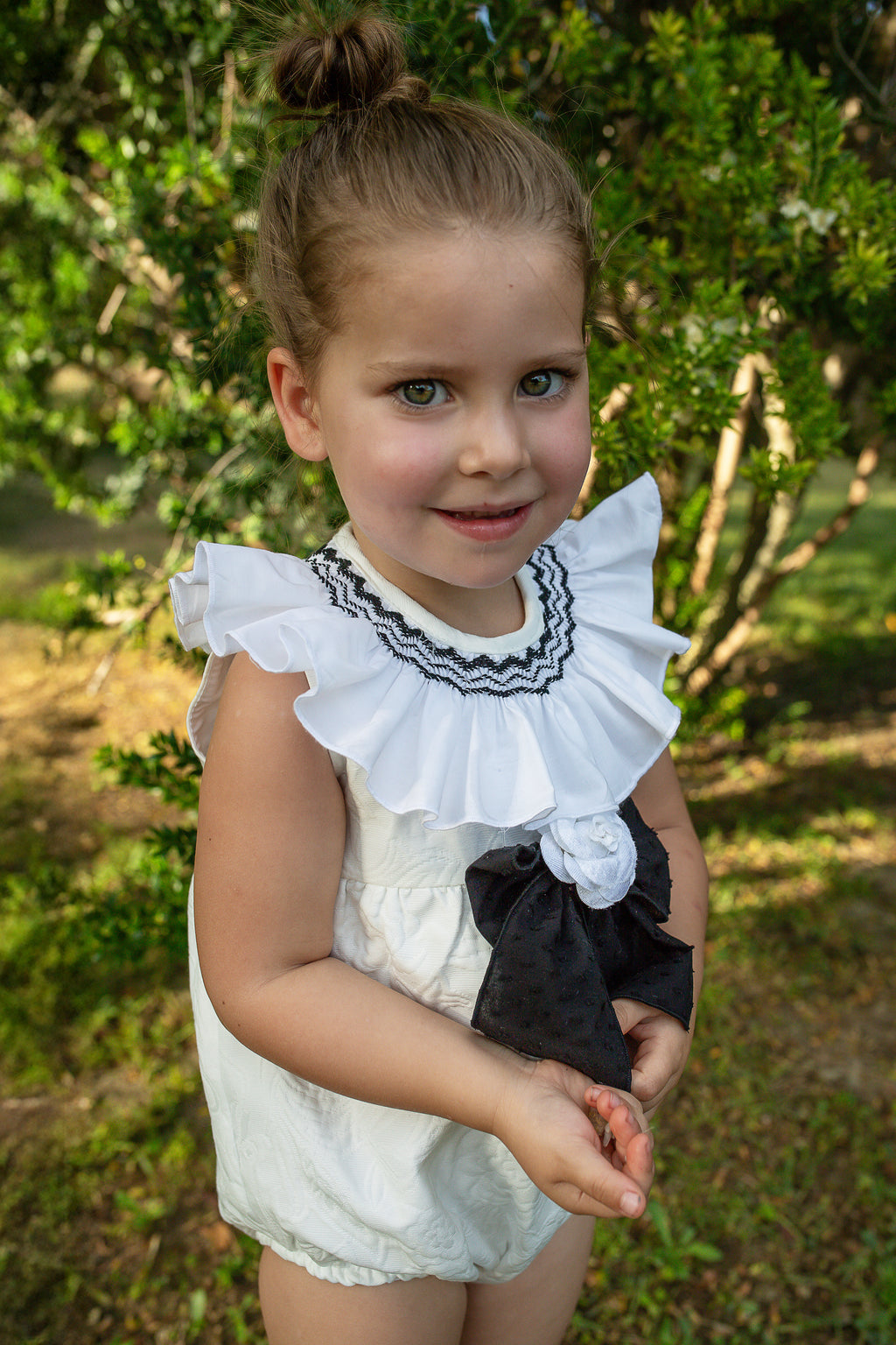 NAXOS Camelia Girls Black & White Jacquard Smocked Romper - 7700
