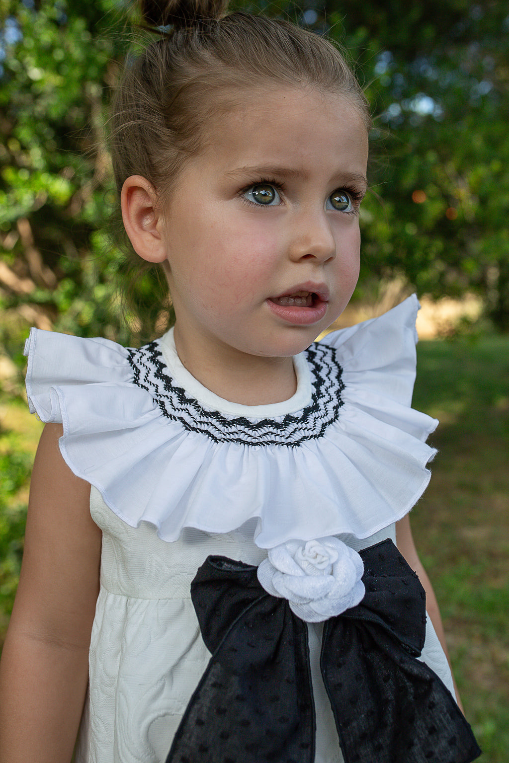 NAXOS Camelia Girls Black & White Jacquard Smocked Romper - 7700