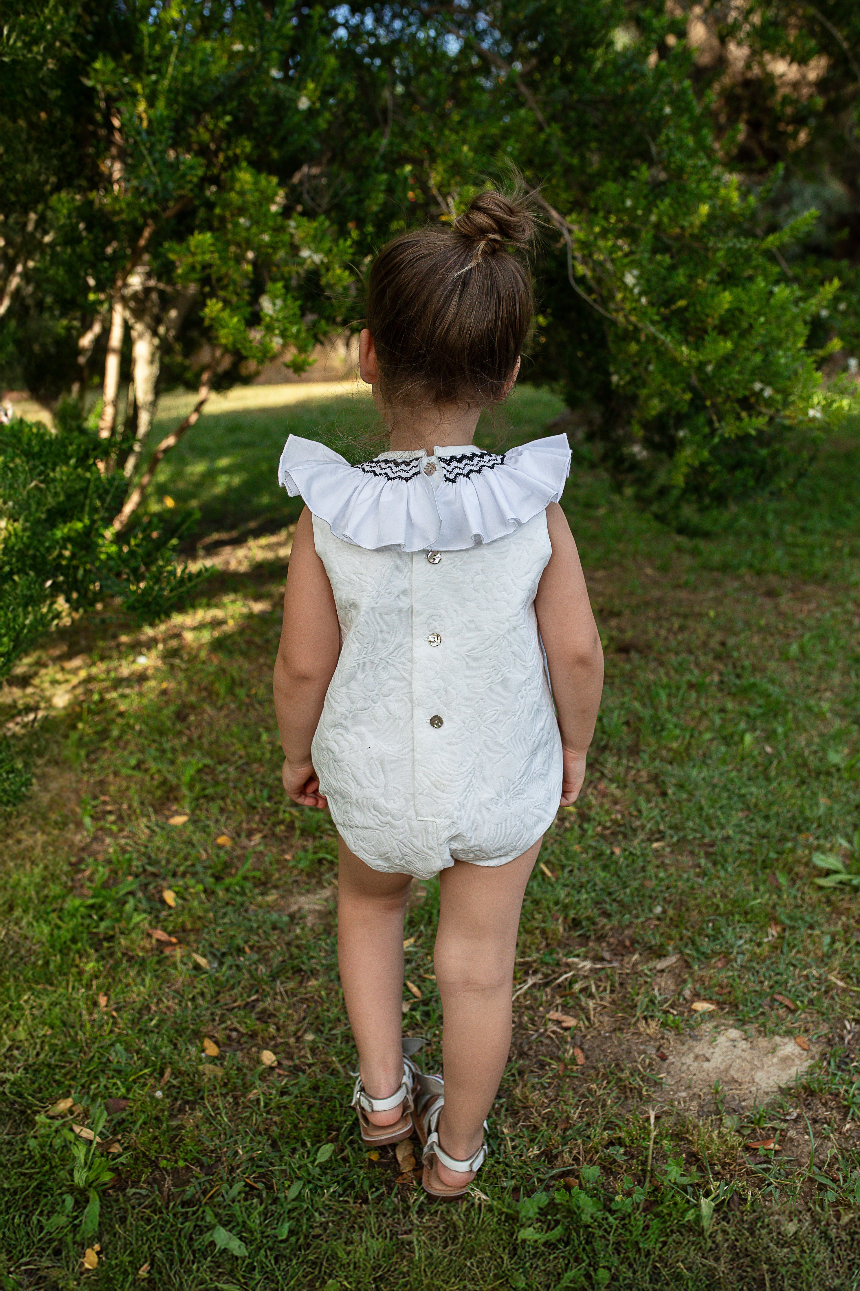 PRE ORDER NAXOS Camelia Girls Black & White Jacquard Smocked Romper - 7700