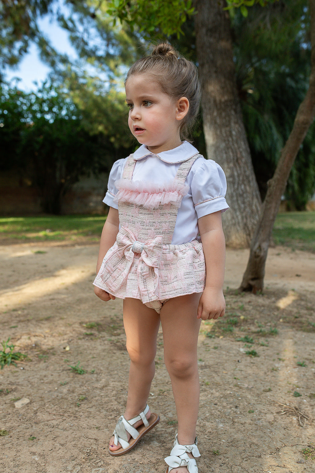 NAXOS Adela Girls Pink Jacquard Romper Set - 7705
