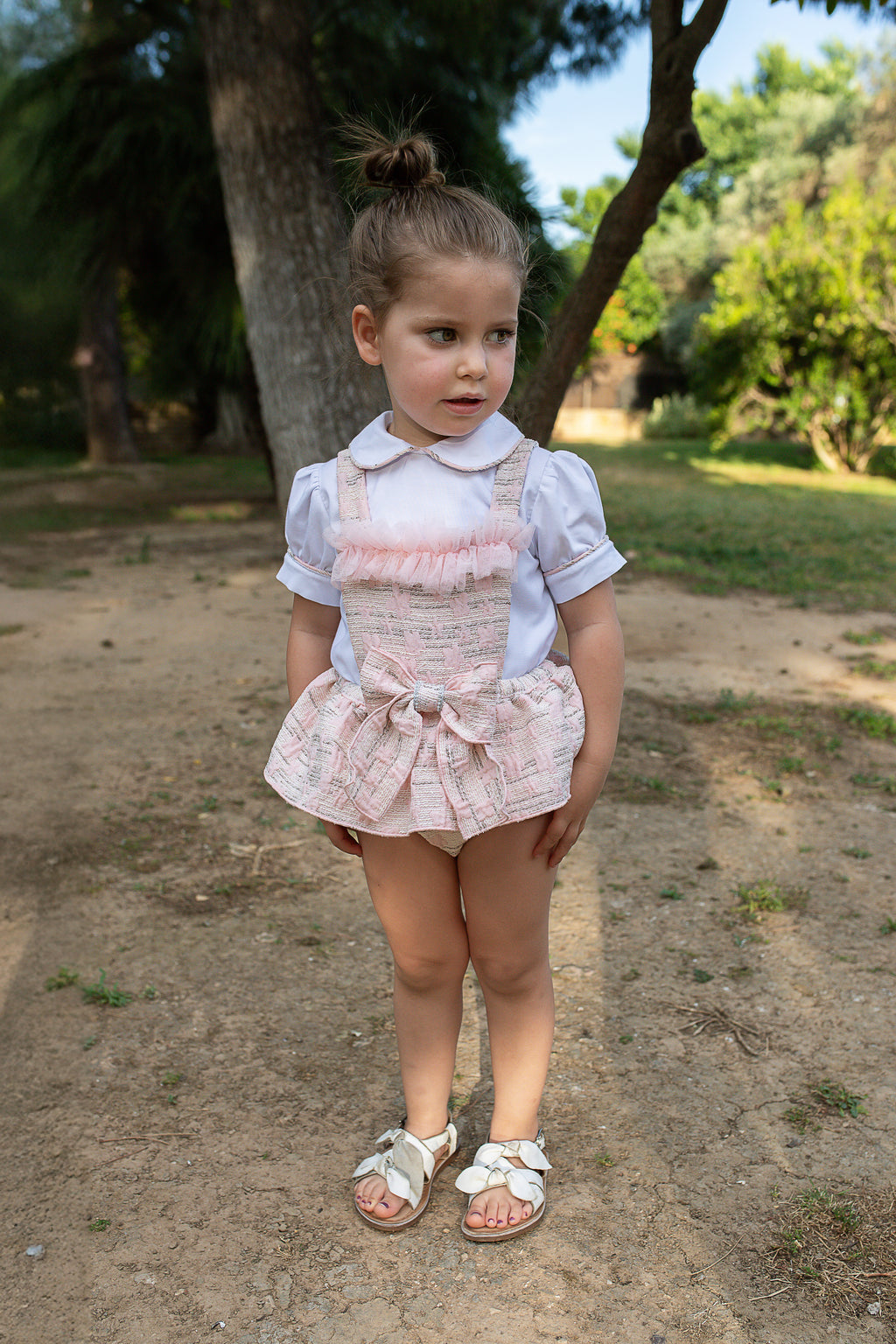 NAXOS Adela Girls Pink Jacquard Romper Set - 7705