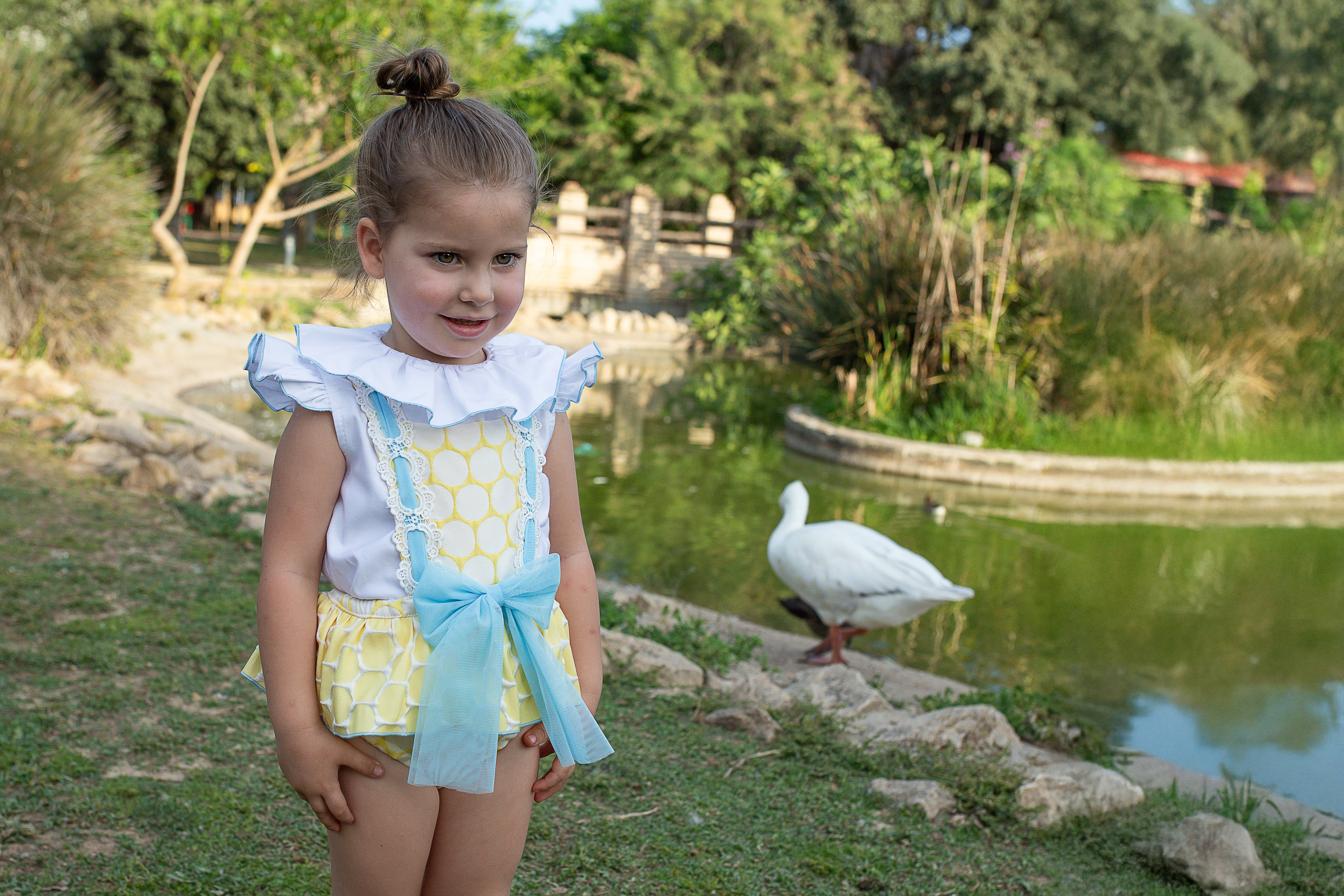 PRE ORDER NAXOS Lunares Girls Lemon & Blue Polka Dot Romper Set - 7707