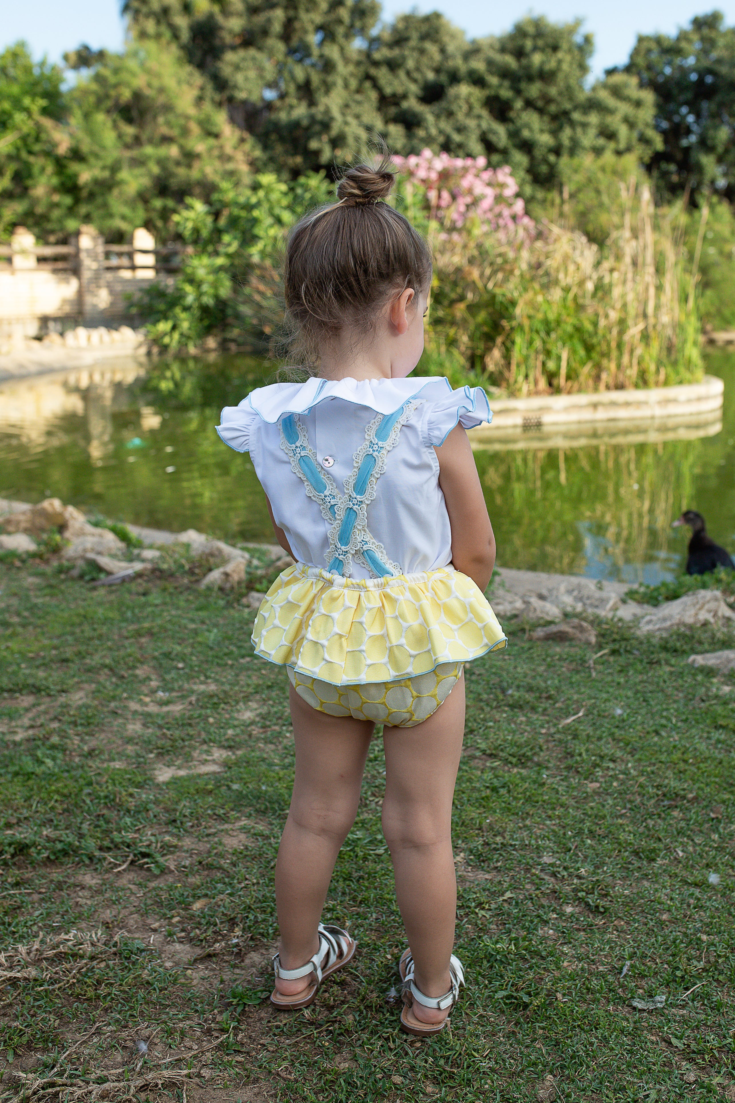 PRE ORDER NAXOS Lunares Girls Lemon & Blue Polka Dot Romper Set - 7707