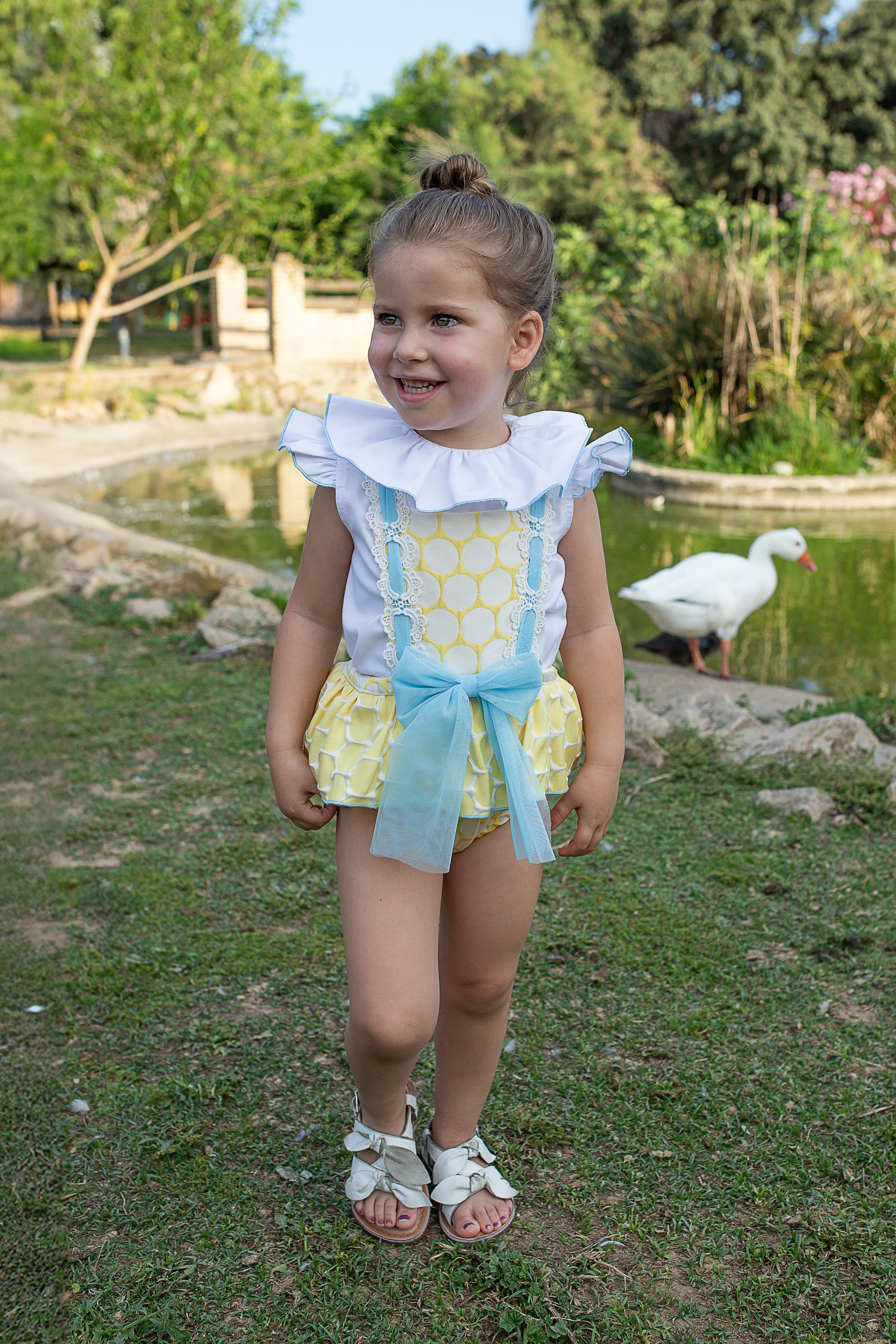 PRE ORDER NAXOS Lunares Girls Lemon & Blue Polka Dot Romper Set - 7707