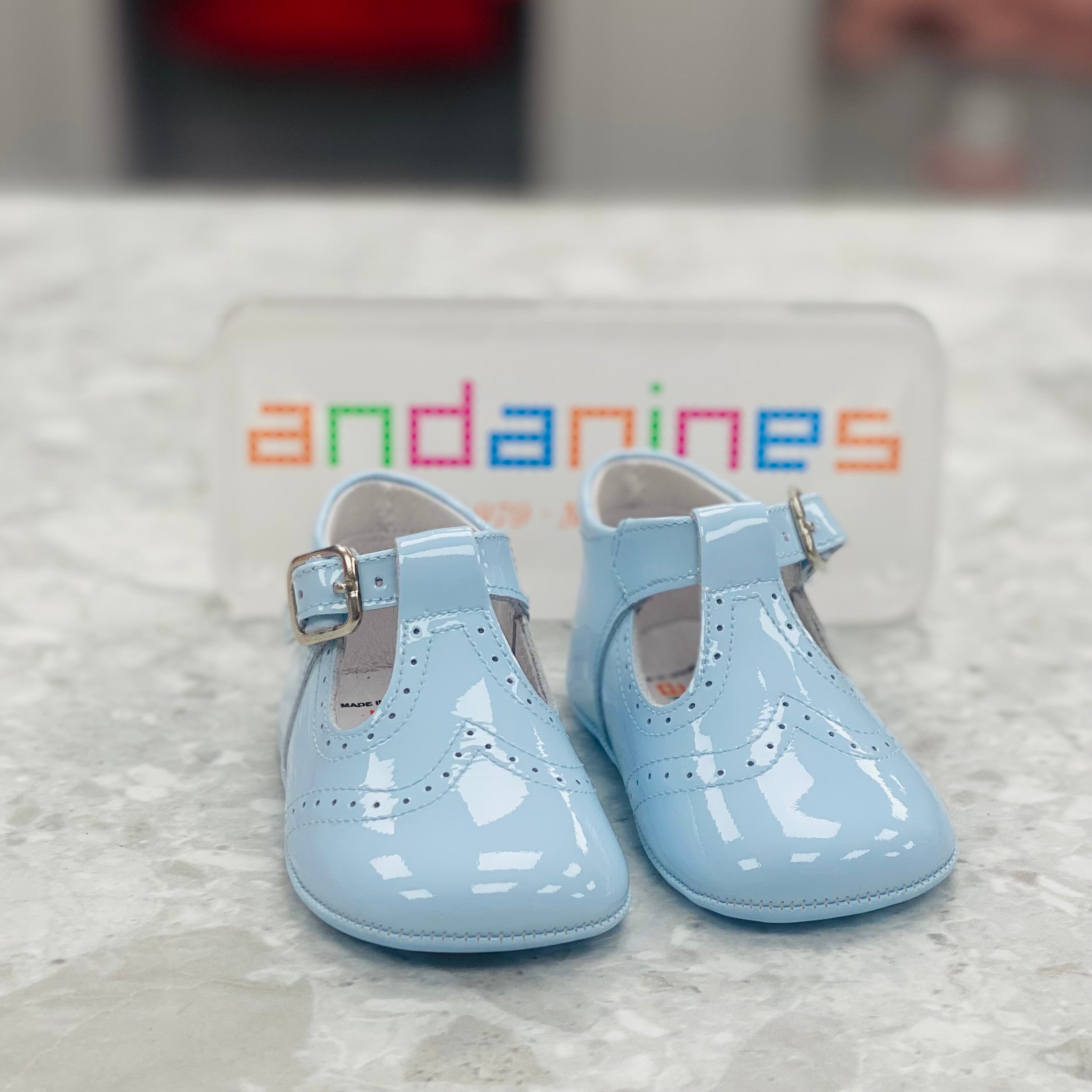 ANDANINES Blue Boys Patent Leather T-Bar Pram Shoes - 241030