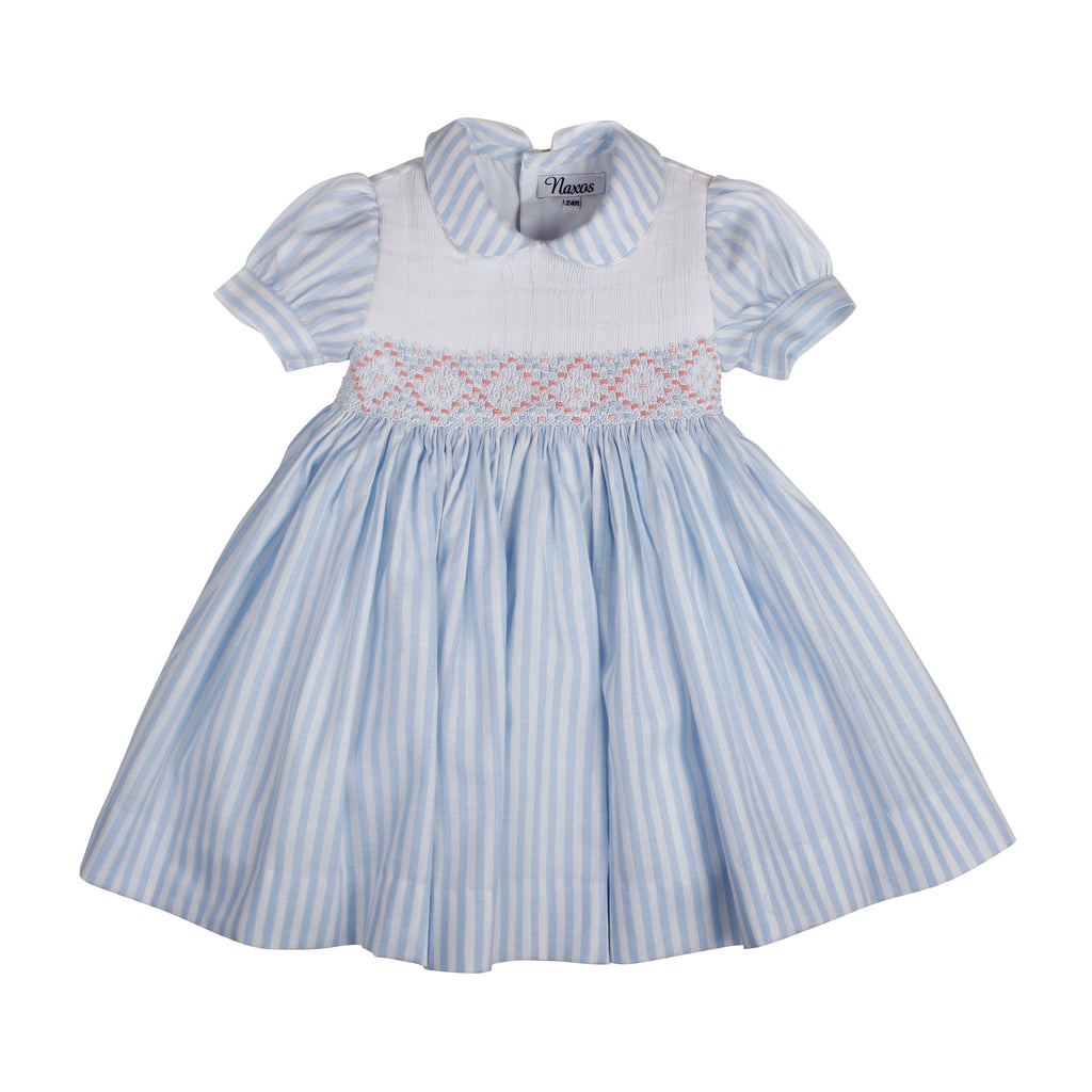 NAXOS Carmen Girls Blue & White Stripe Hand Smocked Dress - 7726