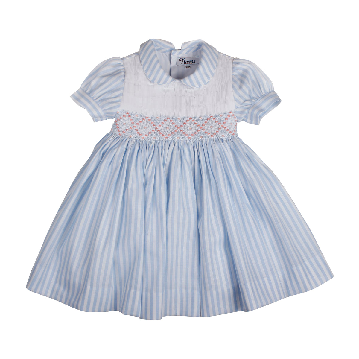 Naxos Carmen girls blue and white stripe cotton dress with pink hand smocking and back bow, handmade in Spain.