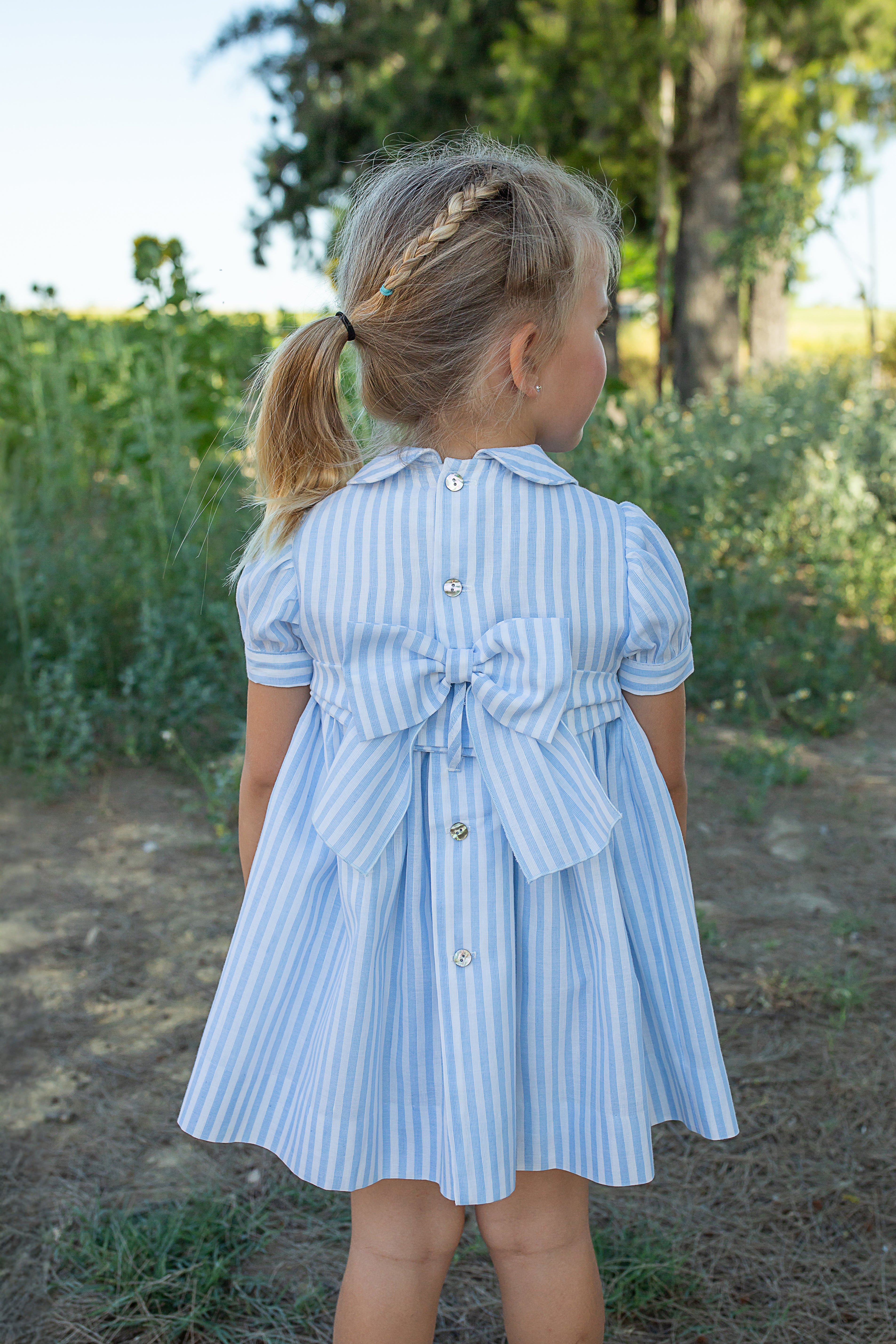NAXOS Carmen Girls Blue & White Stripe Hand Smocked Dress - 7726