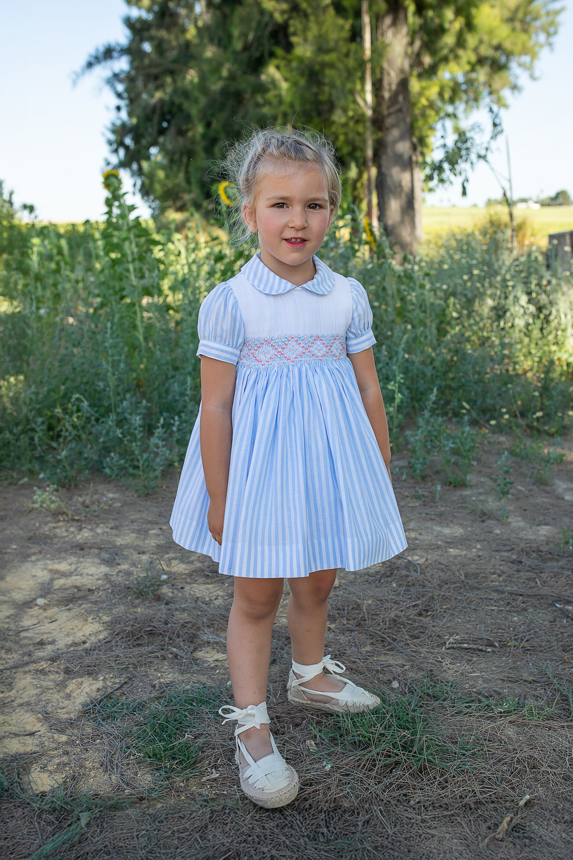 NAXOS Carmen Girls Blue & White Stripe Hand Smocked Dress - 7726