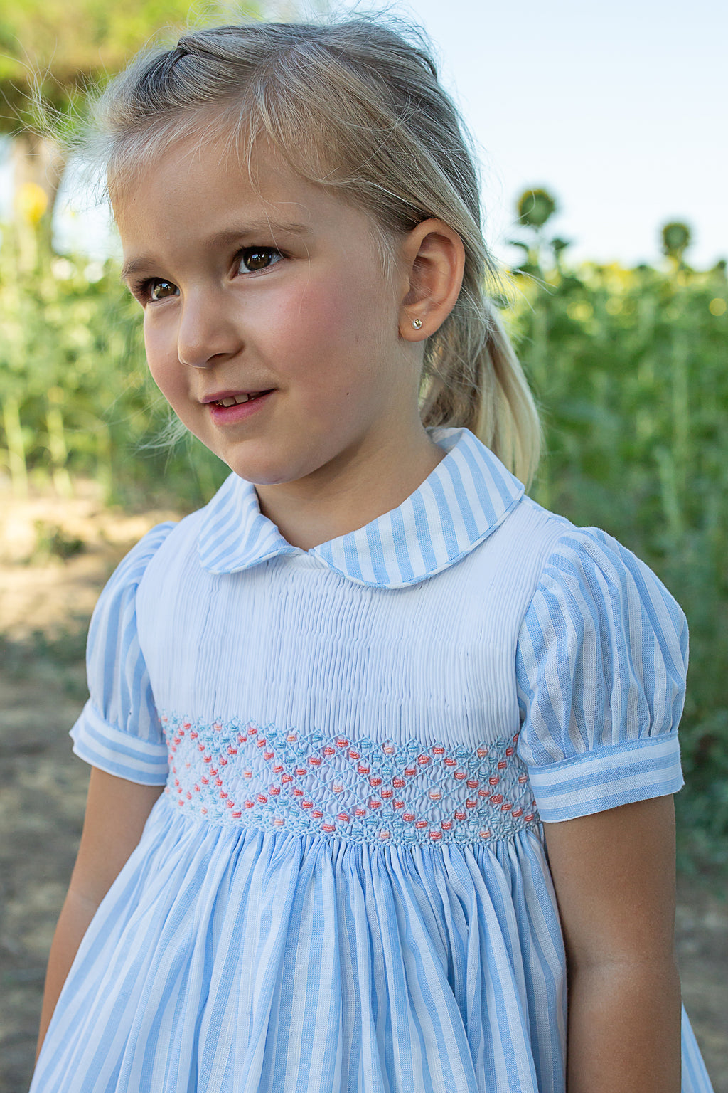 NAXOS Carmen Girls Blue & White Stripe Hand Smocked Dress - 7726
