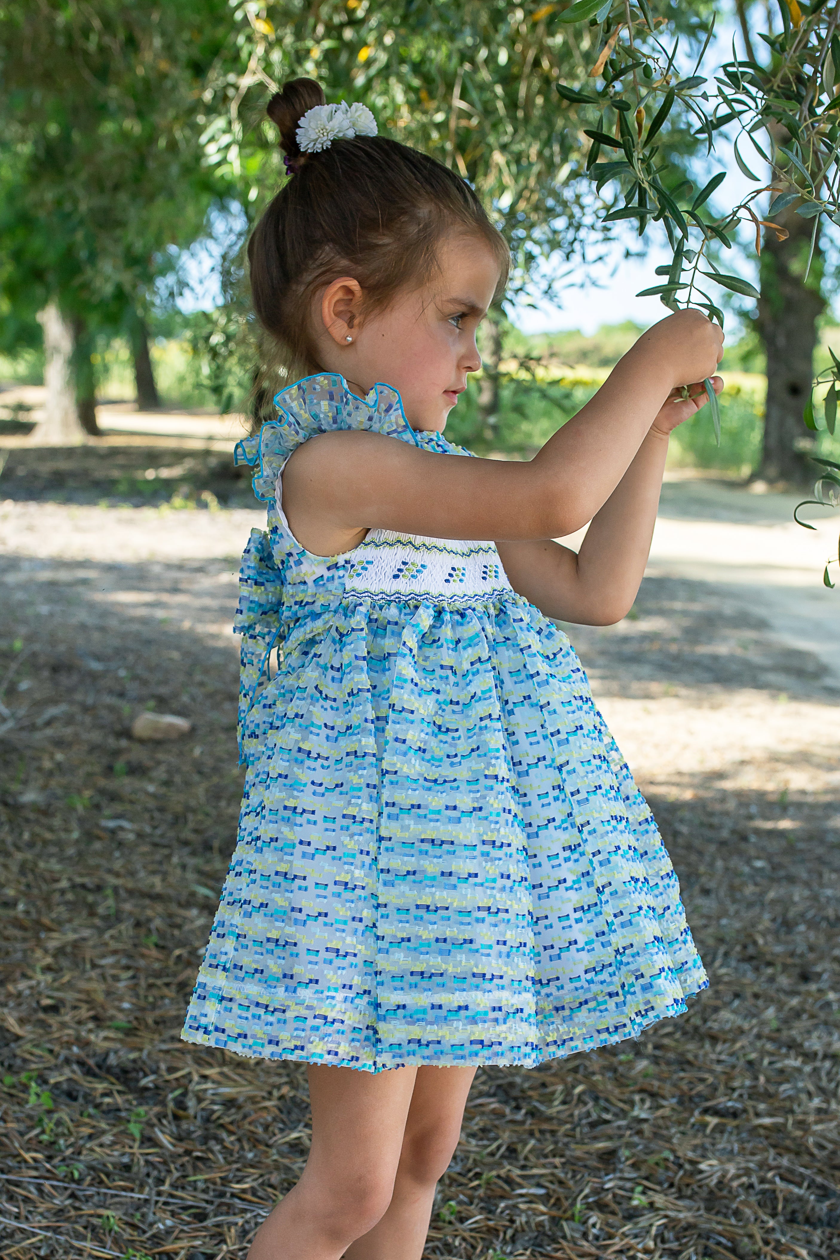 NAXOS Marisol Girls Blue & Yellow Hand Smocked Voile Dress - 7729