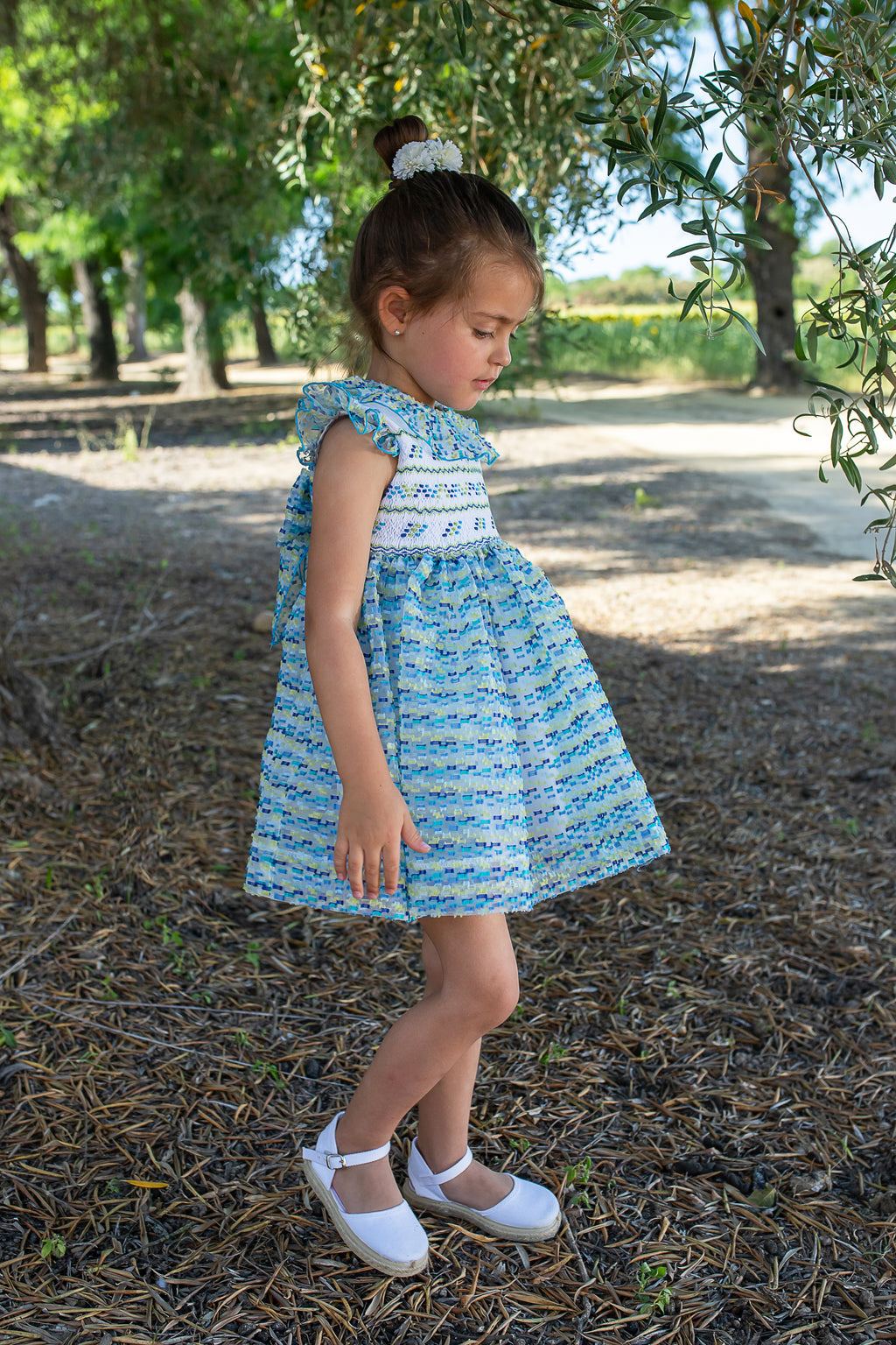 NAXOS Marisol Girls Blue & Yellow Hand Smocked Voile Dress - 7729