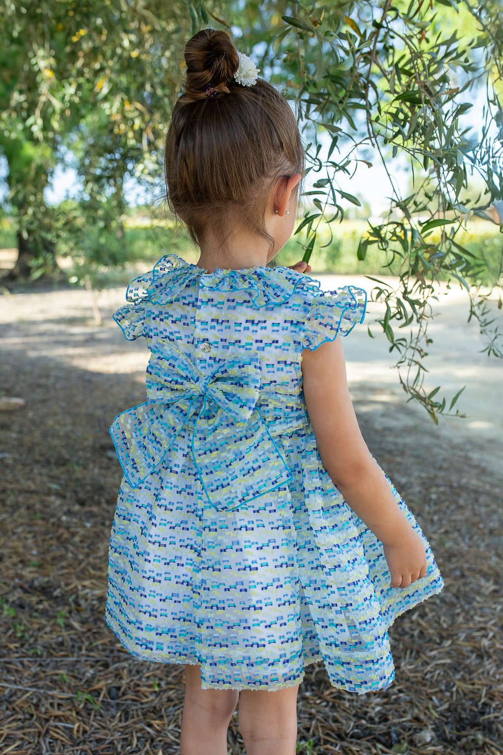 NAXOS Marisol Girls Blue & Yellow Hand Smocked Voile Dress - 7729
