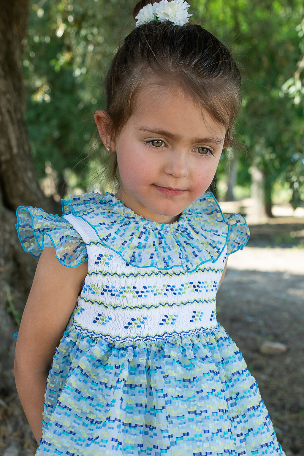 NAXOS Marisol Girls Blue & Yellow Hand Smocked Voile Dress - 7729