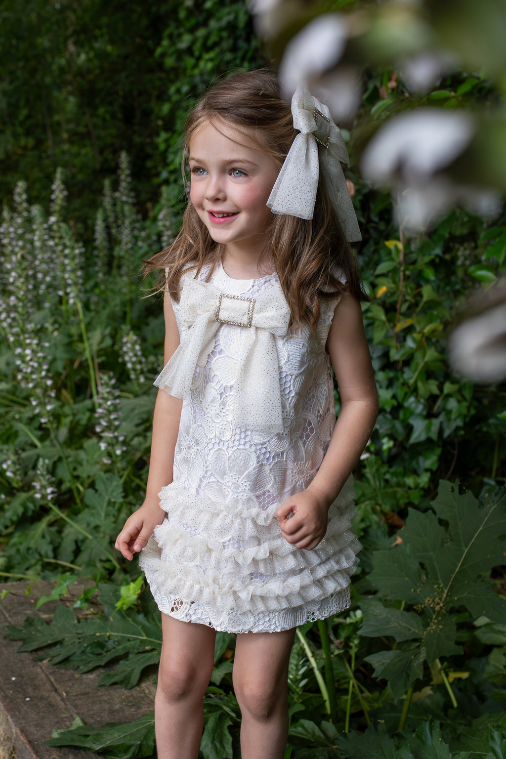 NAXOS Jazmin Girls Gold & White Lace A-Line Dress - 7735