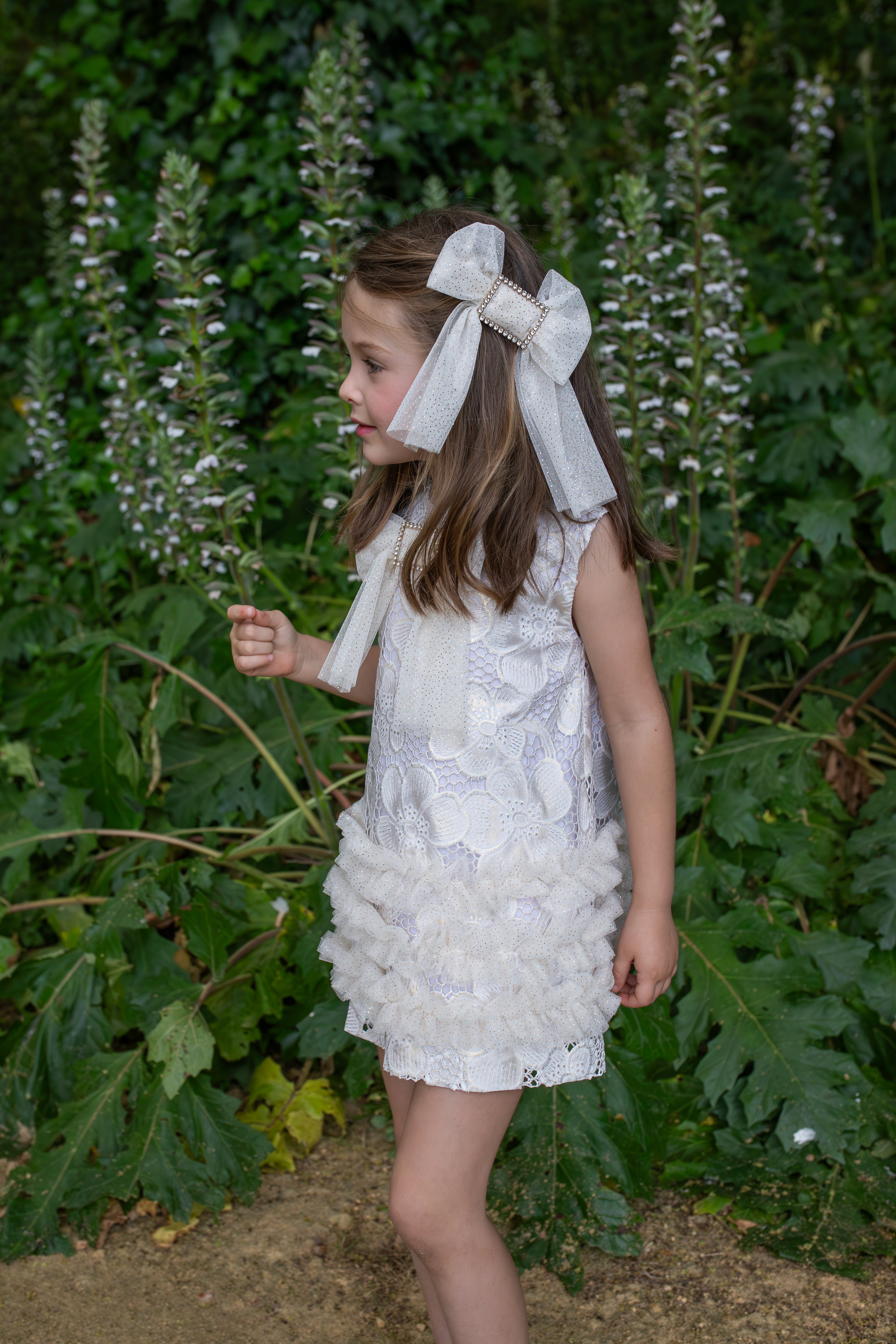 NAXOS Jazmin Girls Gold & White Lace A-Line Dress - 7735