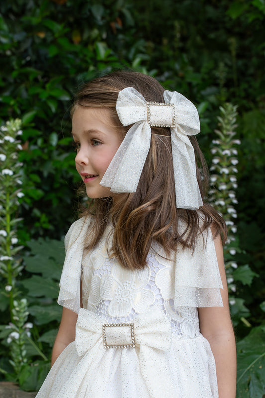 Naxos Jazmin Girls Gold & White Tulle Hair Bow