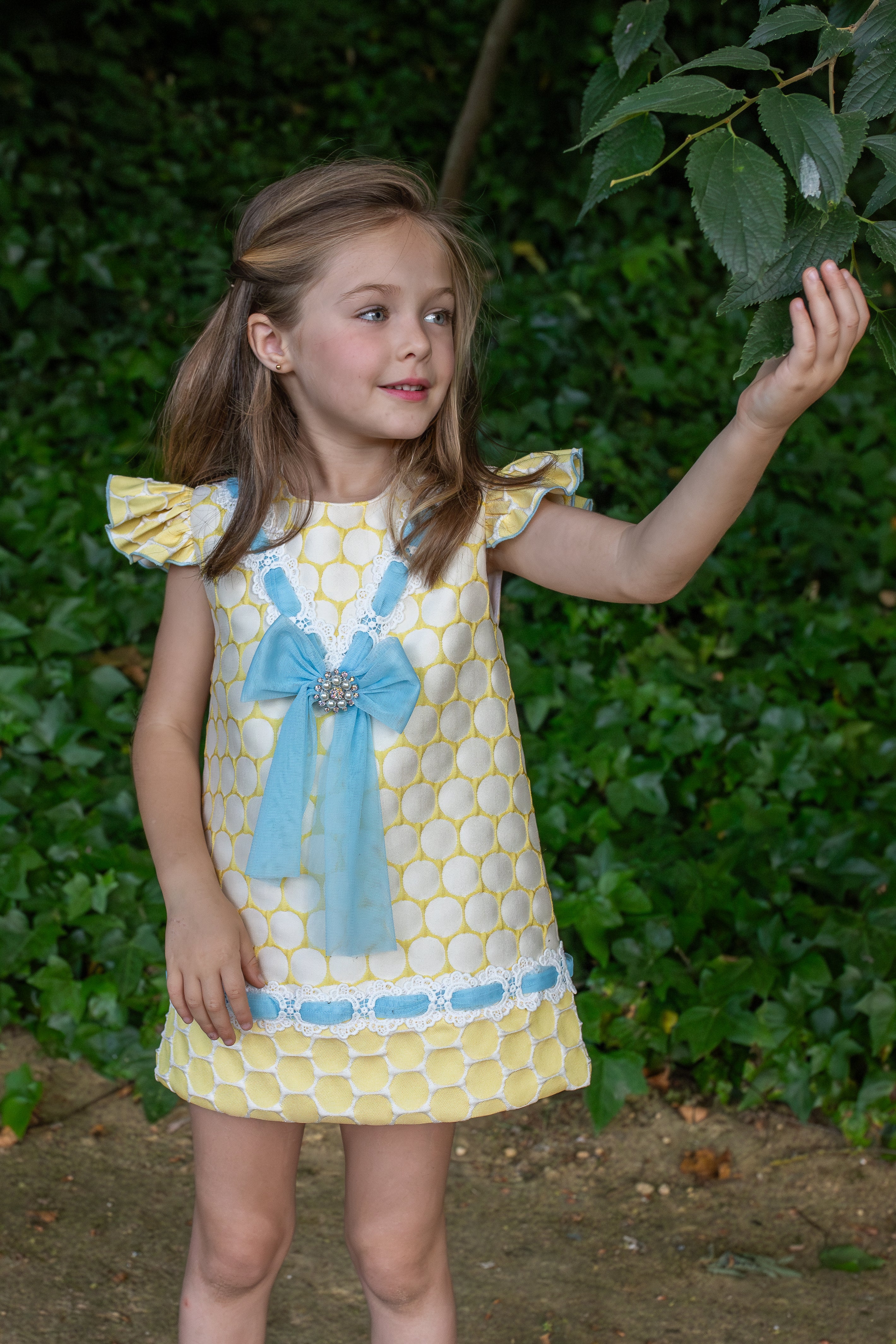 PRE ORDER NAXOS Lunares Girls Lemon & Blue Polka Dot A-Line Dress - 7741