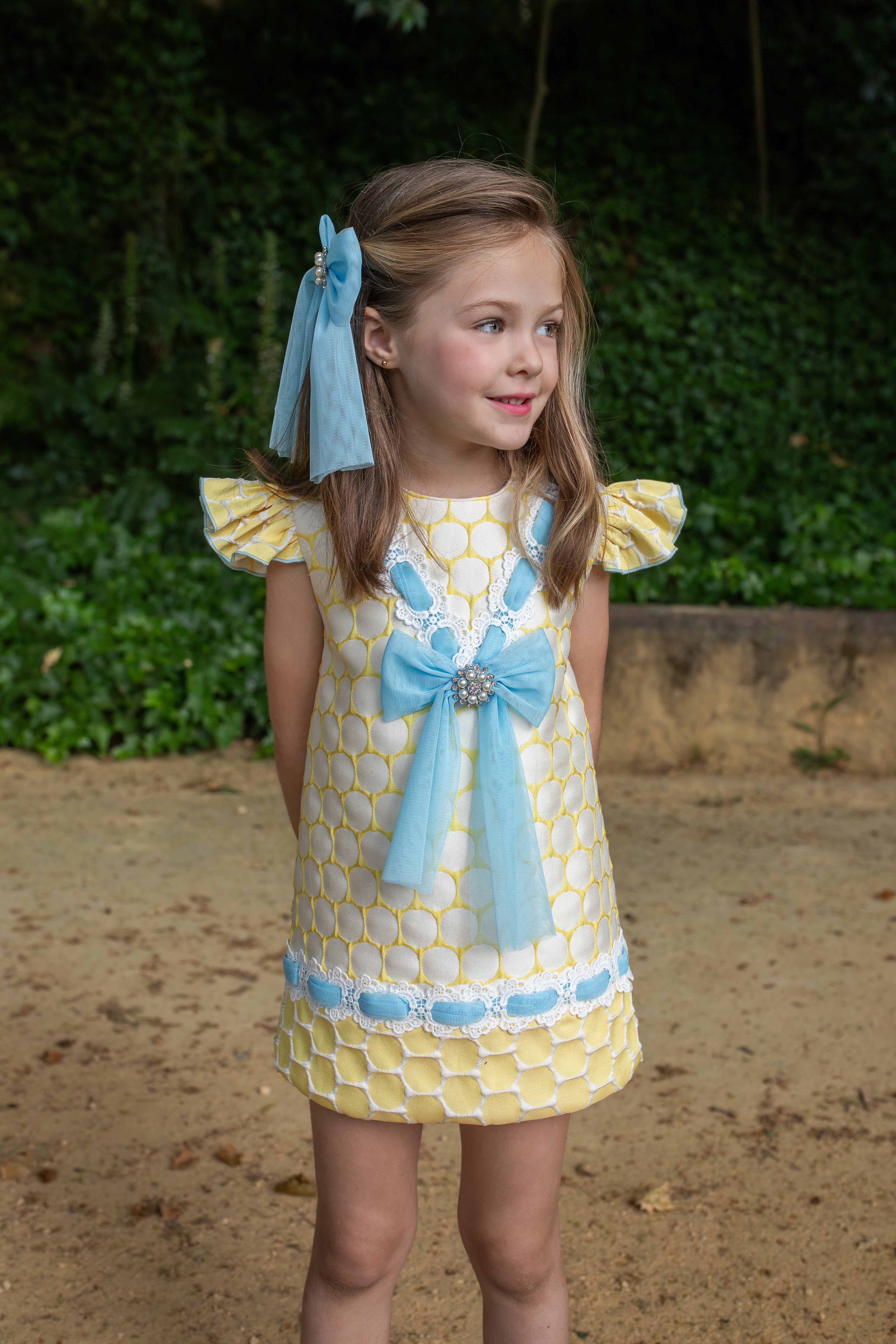 PRE ORDER NAXOS Lunares Girls Lemon & Blue Polka Dot A-Line Dress - 7741