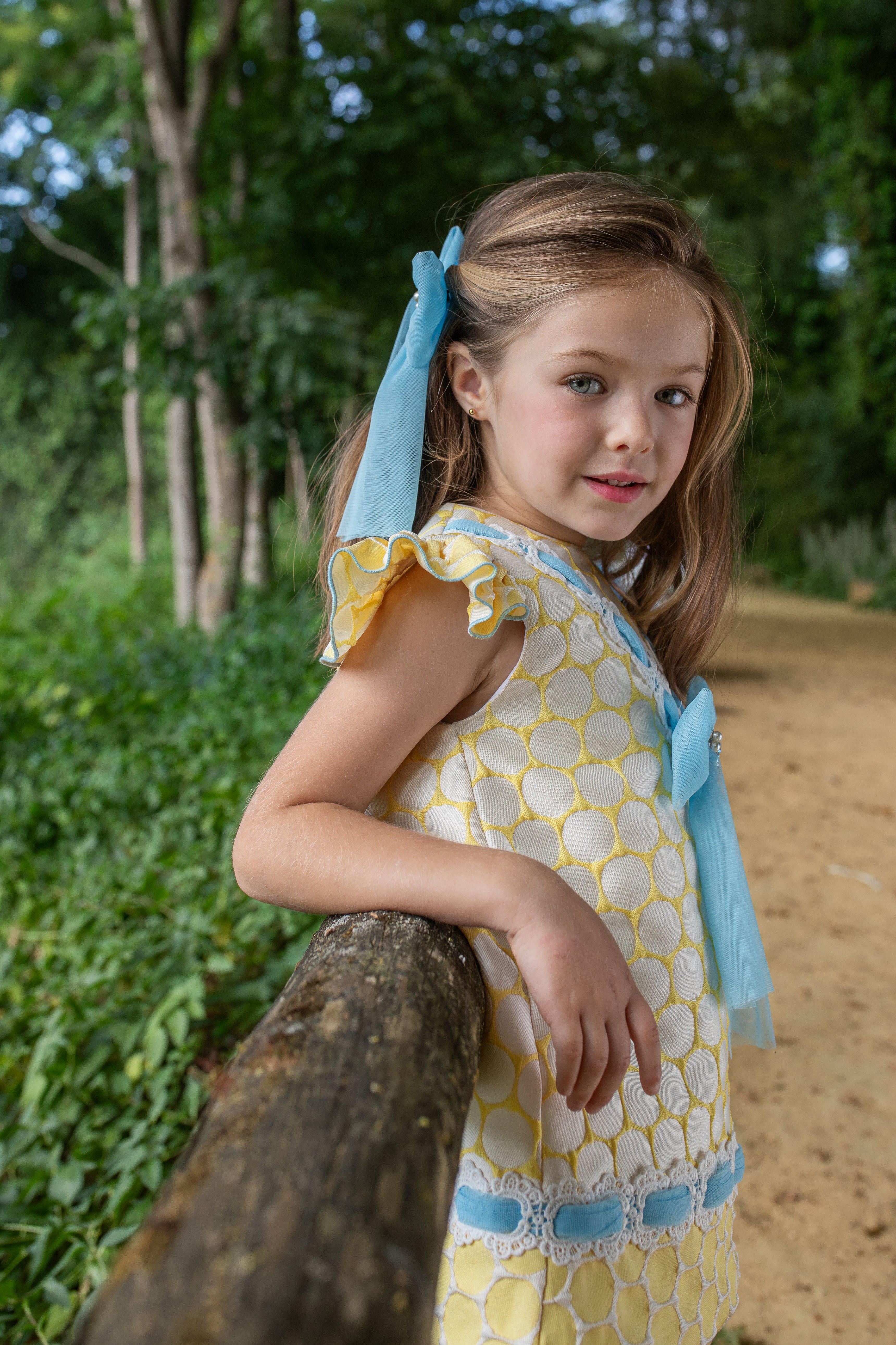 PRE ORDER NAXOS Lunares Girls Lemon & Blue Polka Dot A-Line Dress - 7741