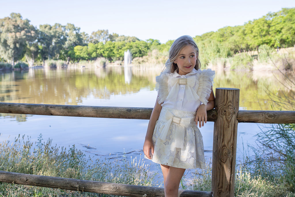 NAXOS Jazmin Girls Gold & White Lace Skirt Set - 7768