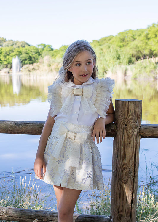 Naxos Jazmin Girls Gold & White Lace Skirt Set - 7768
