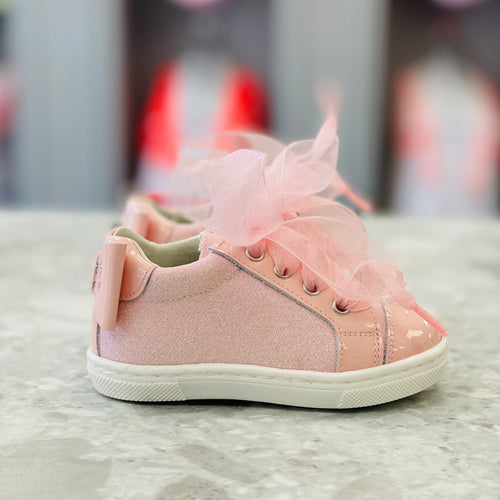 ANDANINES Pink Girls Patent Leather Glitter Trainers with Tulle Laces