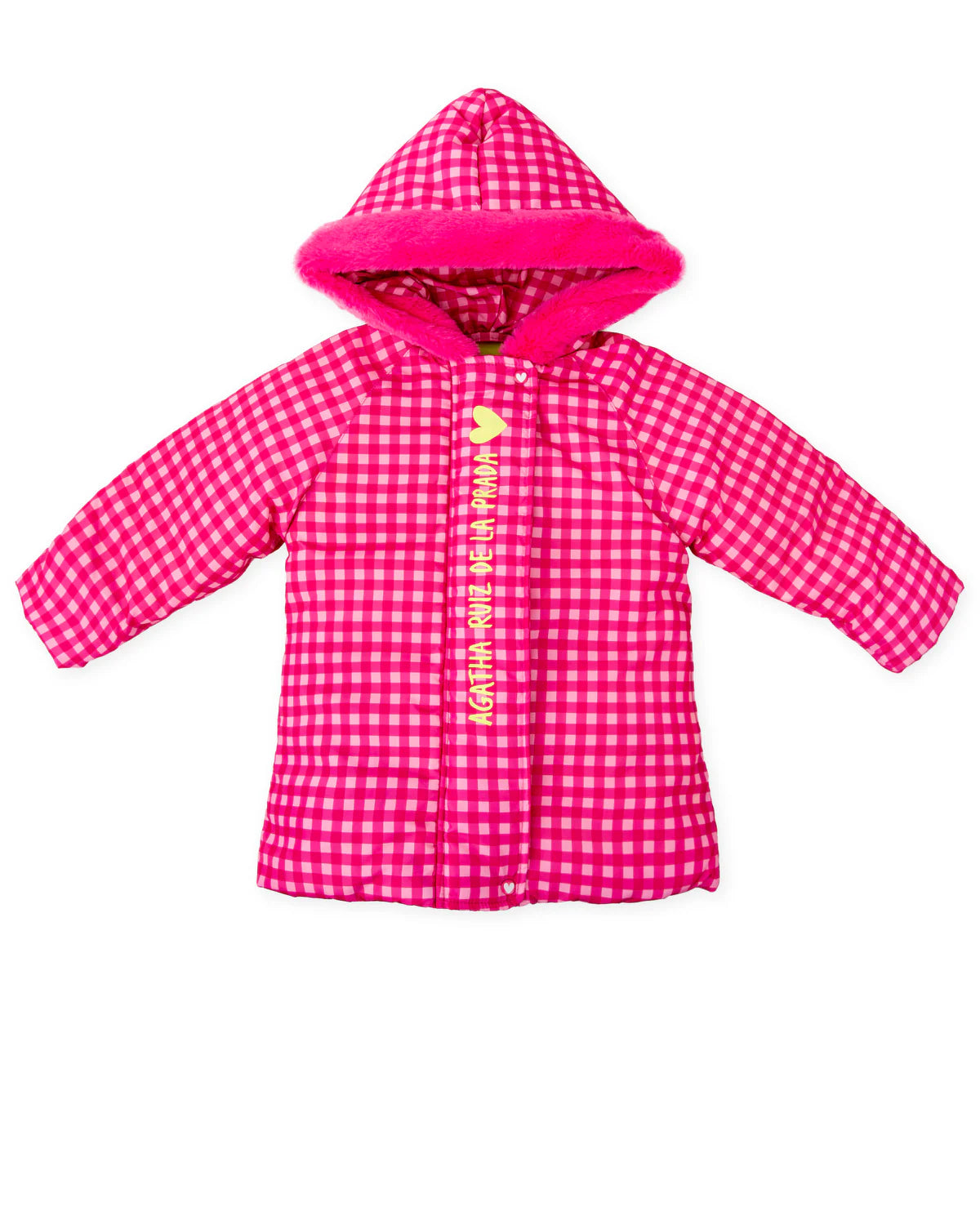 Agatha Ruiz de la Prada girls fuchsia pink check padded coat with faux fur hood