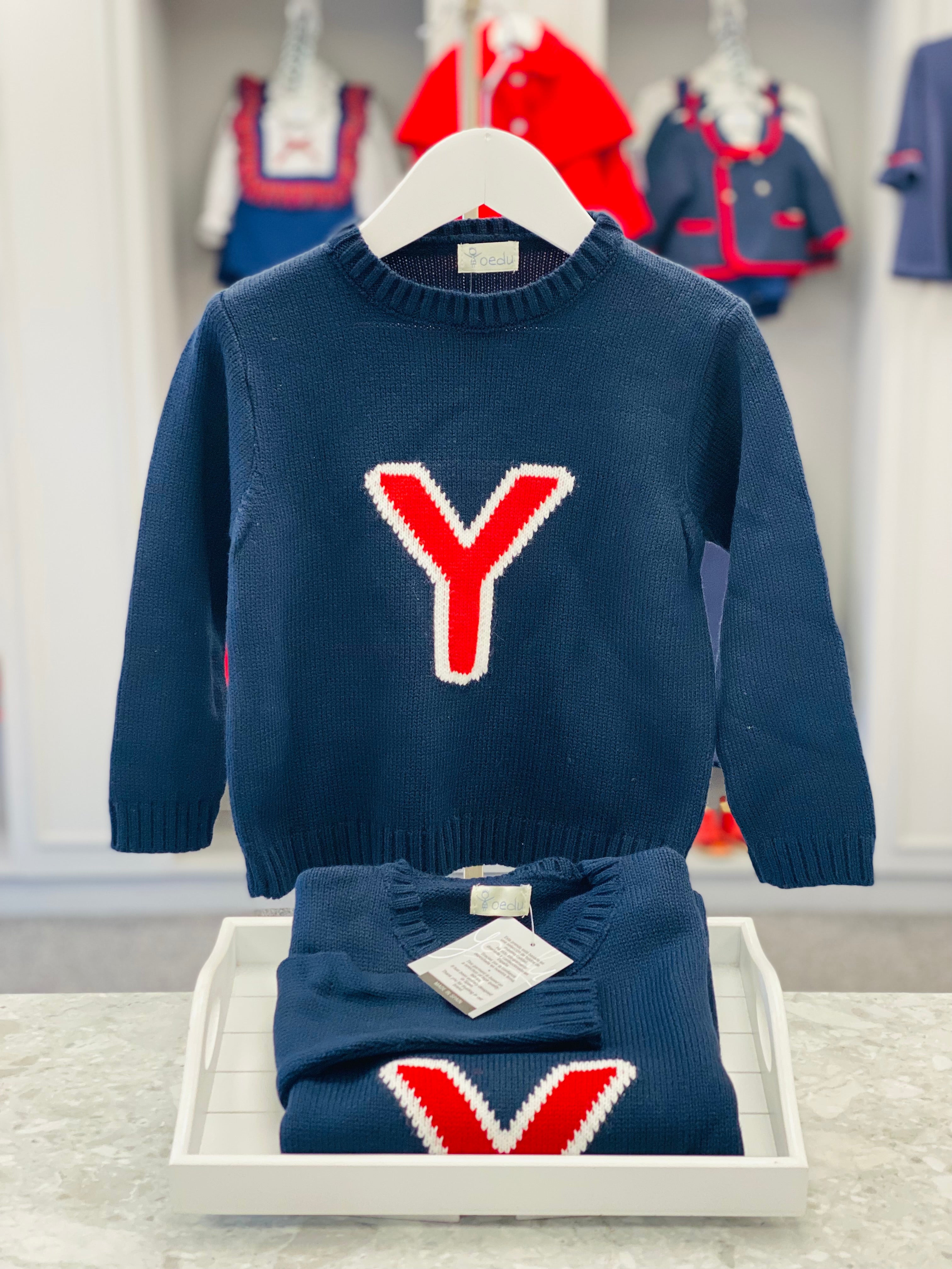 YOEDU Boys Navy & Red Monogram Jumper - CLEARANCE SALE