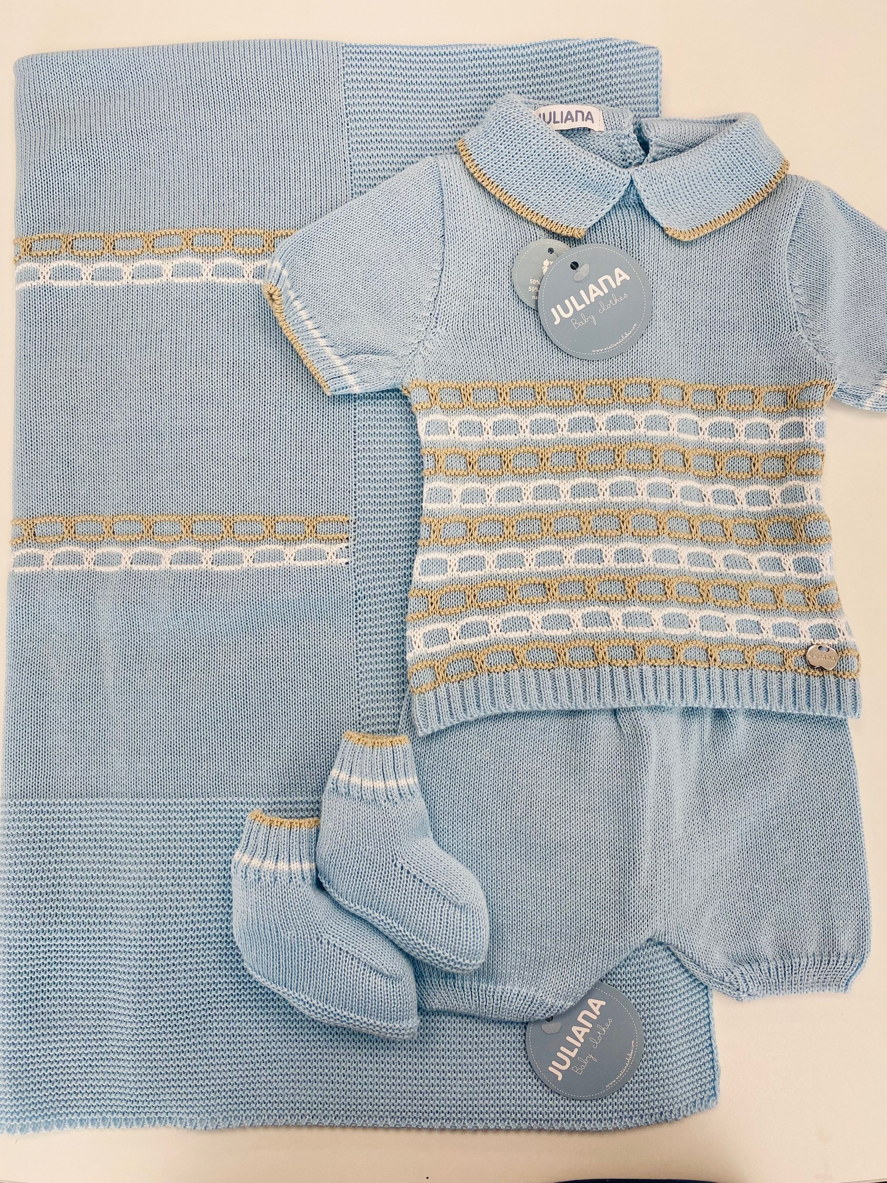 JULIANA Link Boys Blue & Camel Knitted Short Set with Booties