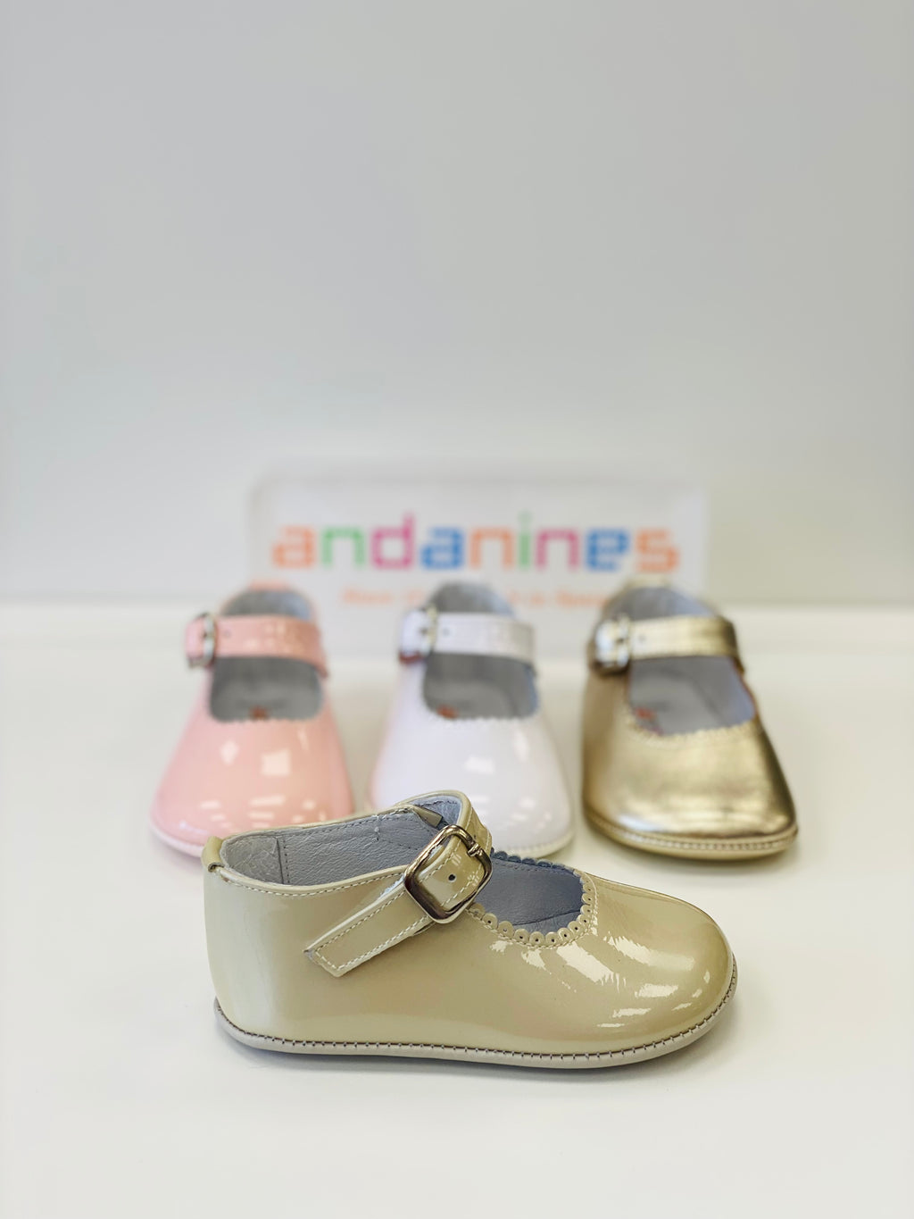 ANDANINES Beige Pearl Girls Patent Leather Mary Jane Pram Shoes