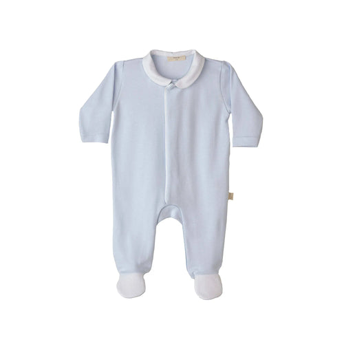 Baby Gi blue cotton babygrow with white piqué Peter Pan collar, concealed press stud fastening and angel wings detail on the back, made in Portugal - front view