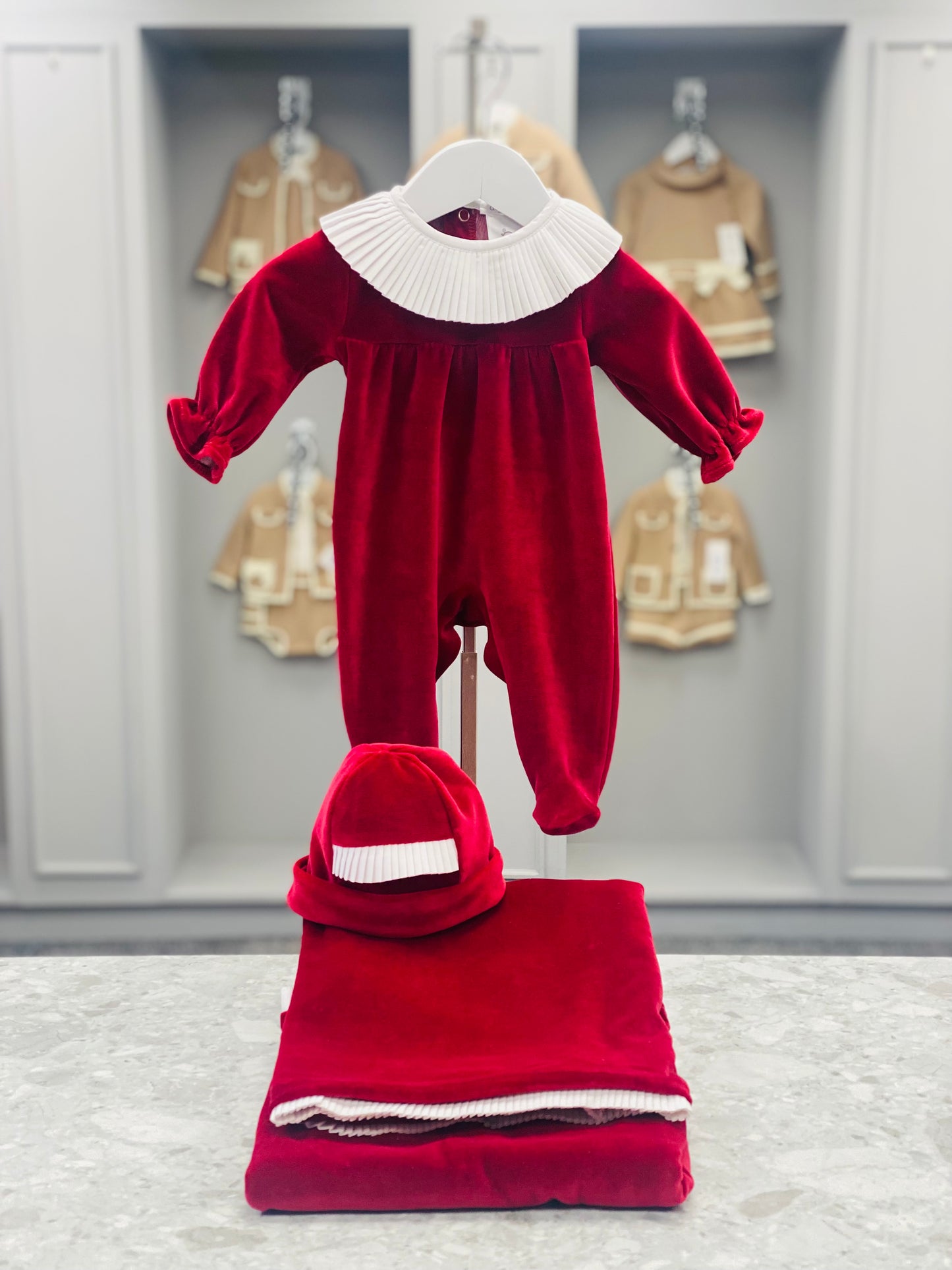 DEOLINDA AW24 Take Me Home Baby Girls Red Pleated Three Piece Velour Set