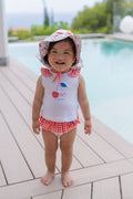 Miranda Mon Petit Cherry girls beach set with cherry print top, gingham frill swim bottoms and matching sun hat