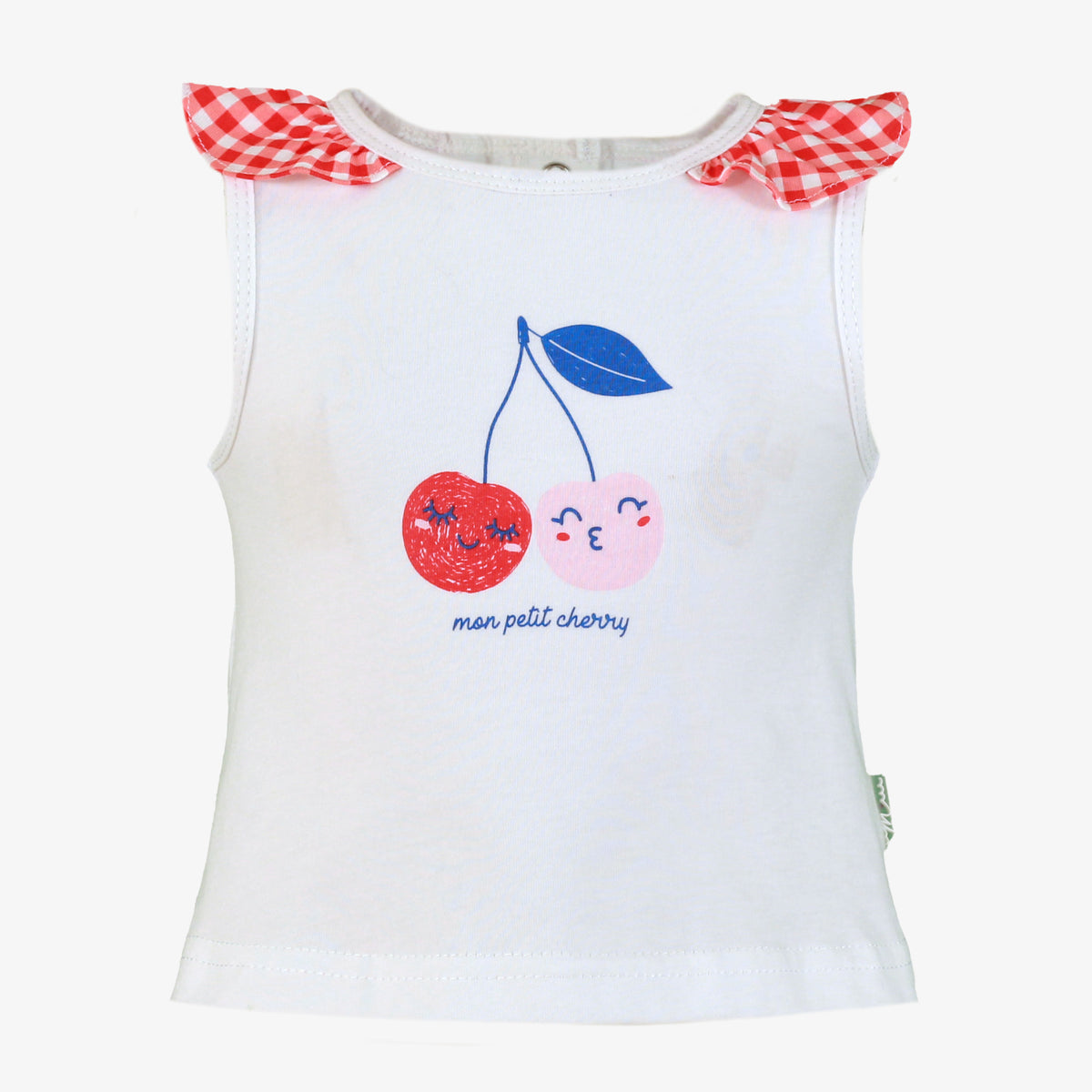Miranda Mon Petit Cherry girls beach set with cherry print top, gingham frill swim bottoms and matching sun hat - top