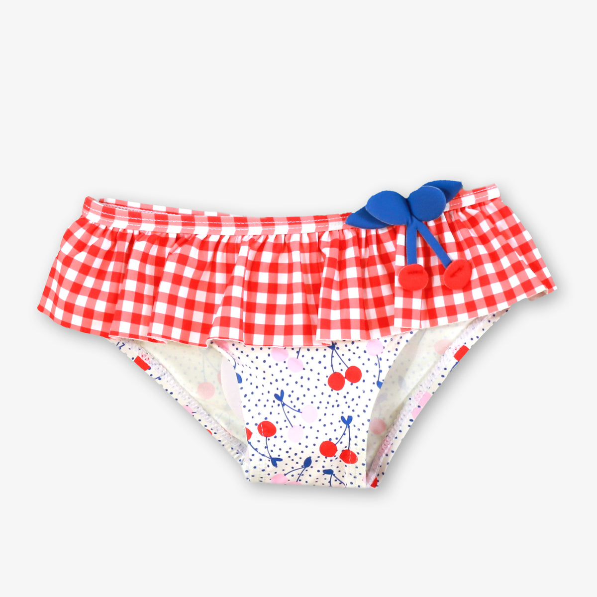 Miranda Mon Petit Cherry girls beach set with cherry print top, gingham frill swim bottoms and matching sun hat - 2