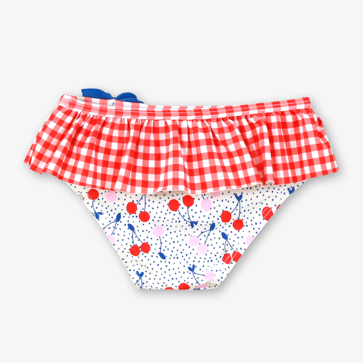 Miranda Mon Petit Cherry girls beach set with cherry print top, gingham frill swim bottoms and matching sun hat - 5