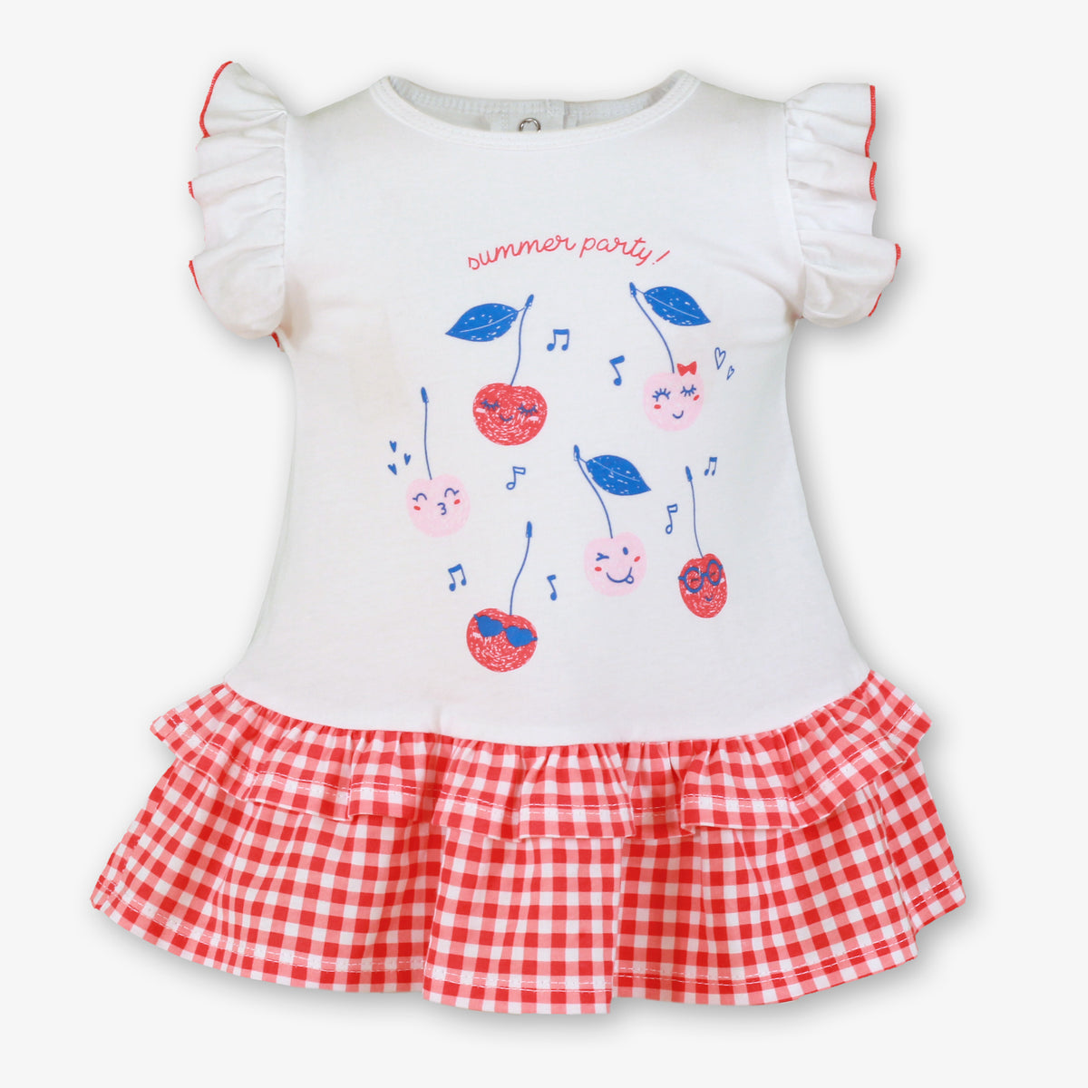 Miranda Mon Petit Cherry girls beach dress with cherry print, white cotton bodice and red gingham frill skirt