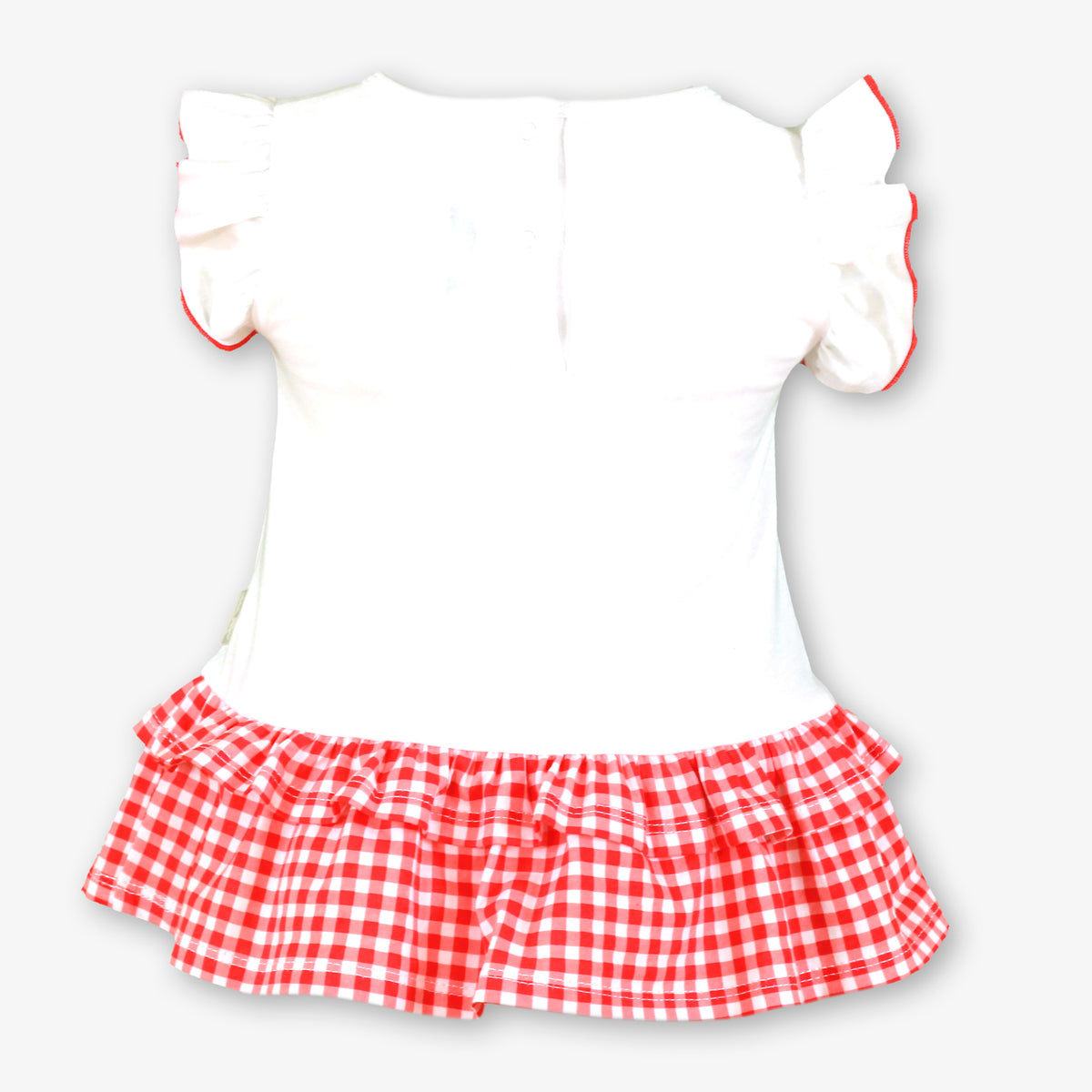 Miranda Mon Petit Cherry girls beach dress with cherry print, white cotton bodice and red gingham frill skirt - back view