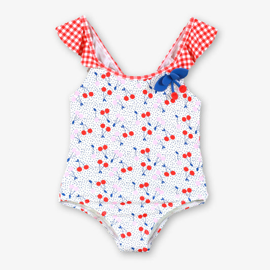 Miranda Mon Petit Cherry girls swimsuit with cherry print and gingham frill straps