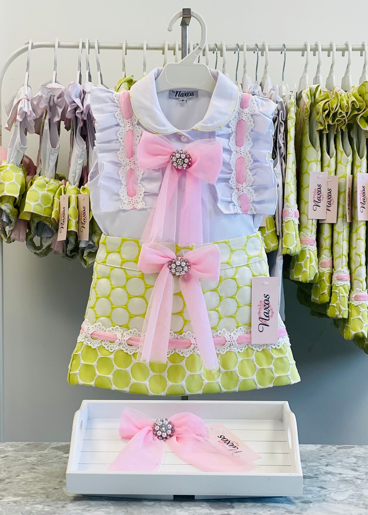 Naxos Lunares Girls Lime & Pink Polka Dot Skirt Set - 7775