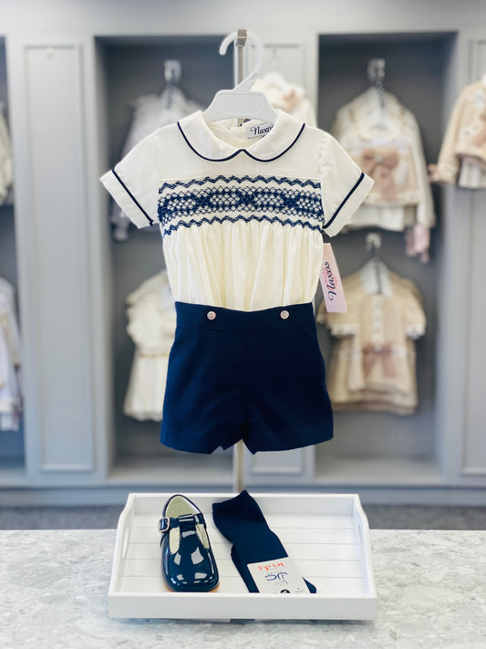 AW25 NAXOS Navy Boys Hand Smocked Short Set - 7610