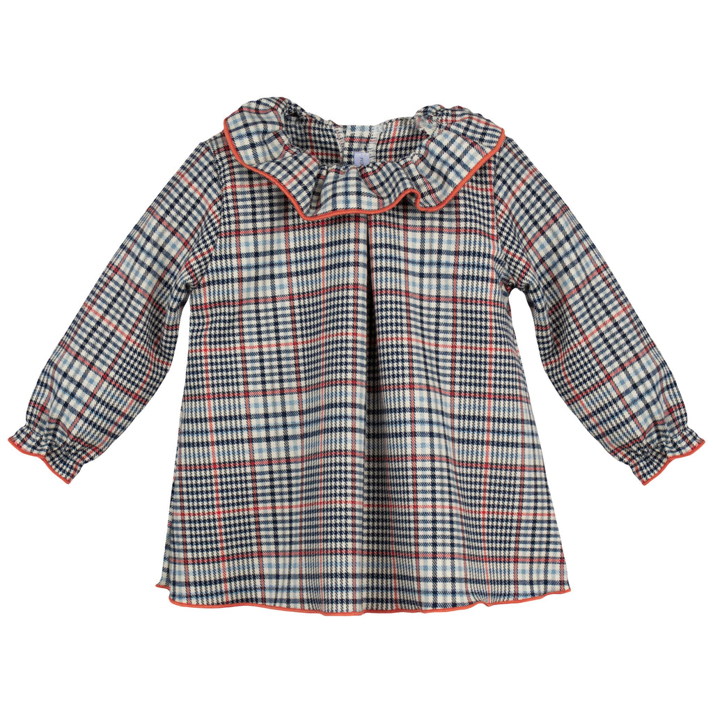 Calamaro Tietar navy pale blue and rust check girls A-line dress