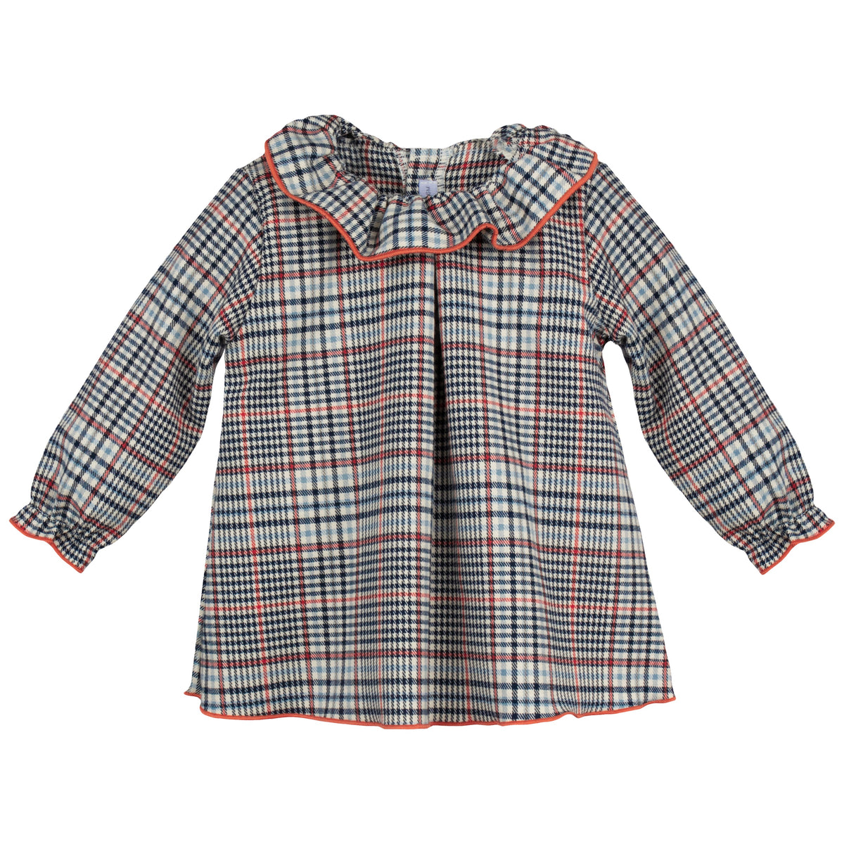 Calamaro Tietar navy pale blue and rust check girls A-line dress