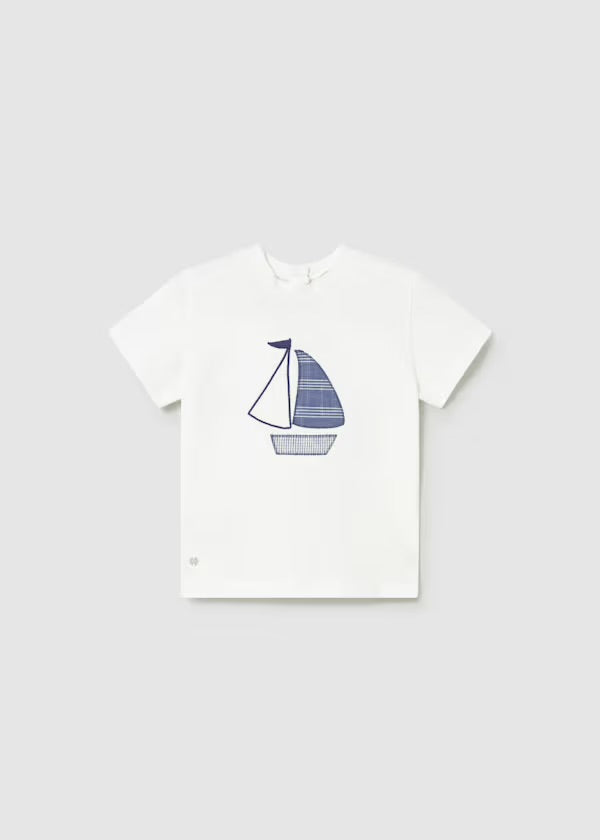 Mayoral ivory short-sleeved T-shirt with navy sailboat motif