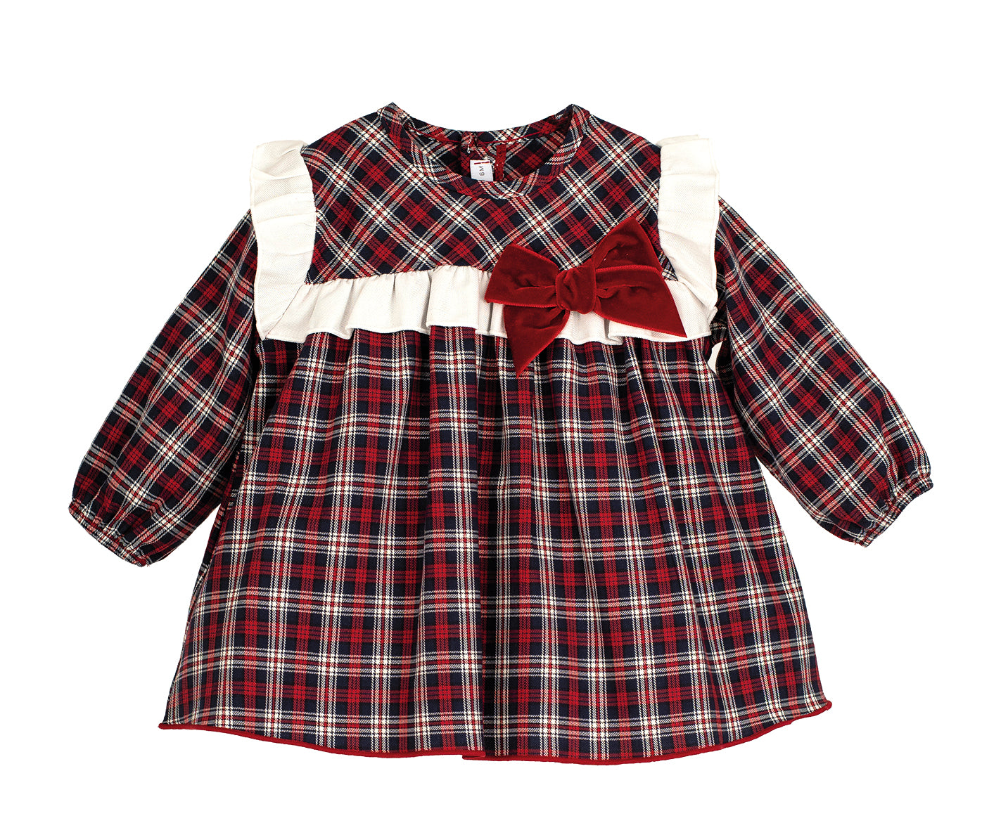 Calamaro Navy & Red Plaid dress with a large velvet bow.