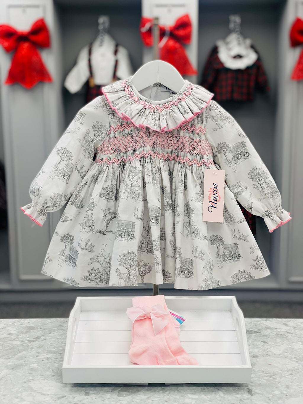 NAXOS Hand Smocked Toile Girls Grey & Pink Dress - CLEARANCE SALE