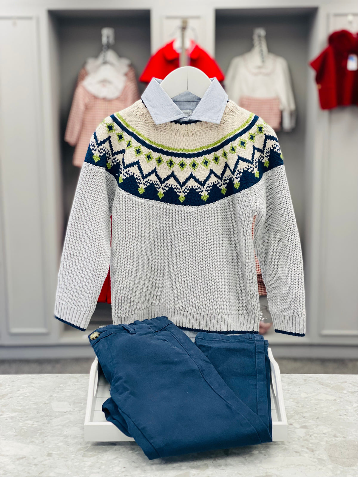 Tutto Piccolo Boys Grey and Navy Trouser Set with Fair Isle Knitted Jumper