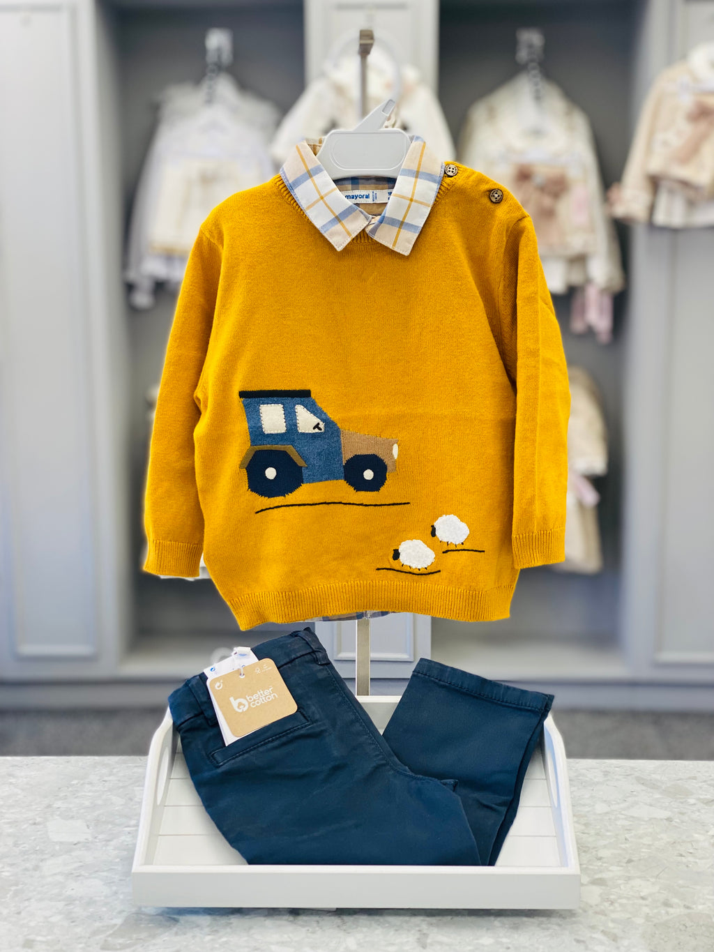 Mayoral boys mustard tractor jumper, checked shirt and navy trouser set